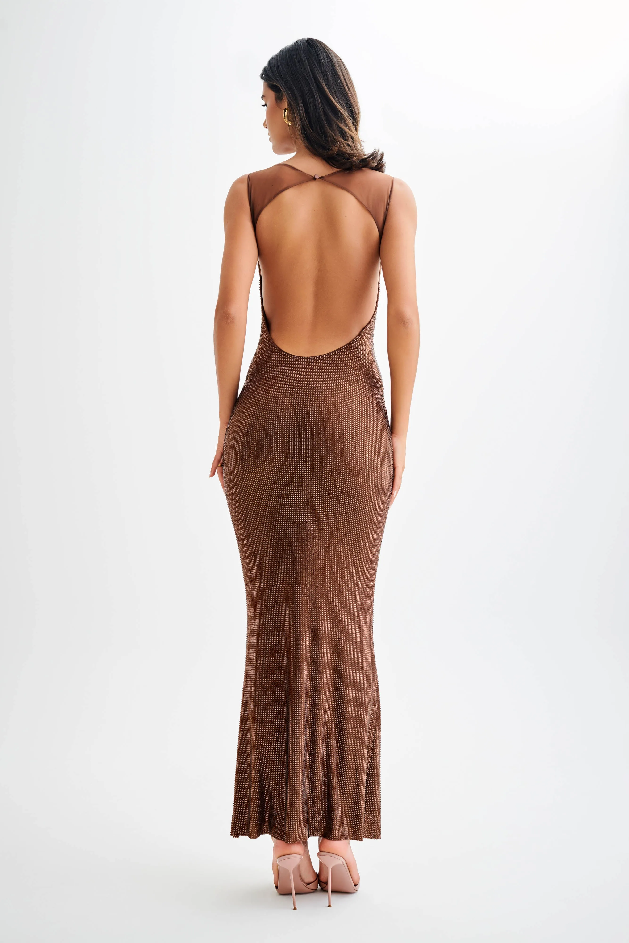 Feminine off-the-shoulder gown Jasmyn Hot Fix Maxi Dress With Mesh Back - Chocolate