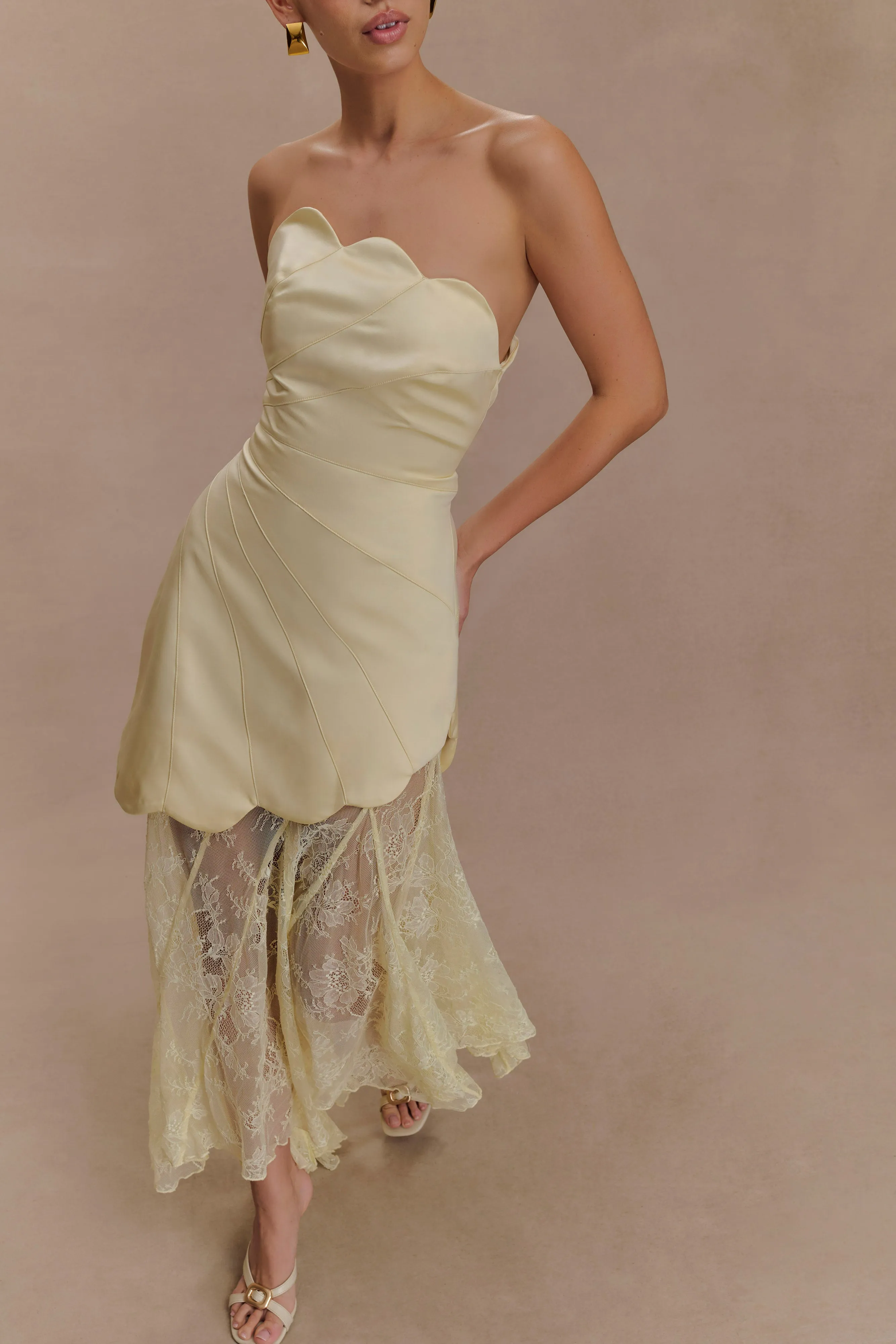 Aleena Satin And Lace Maxi Dress - Lemon petite size