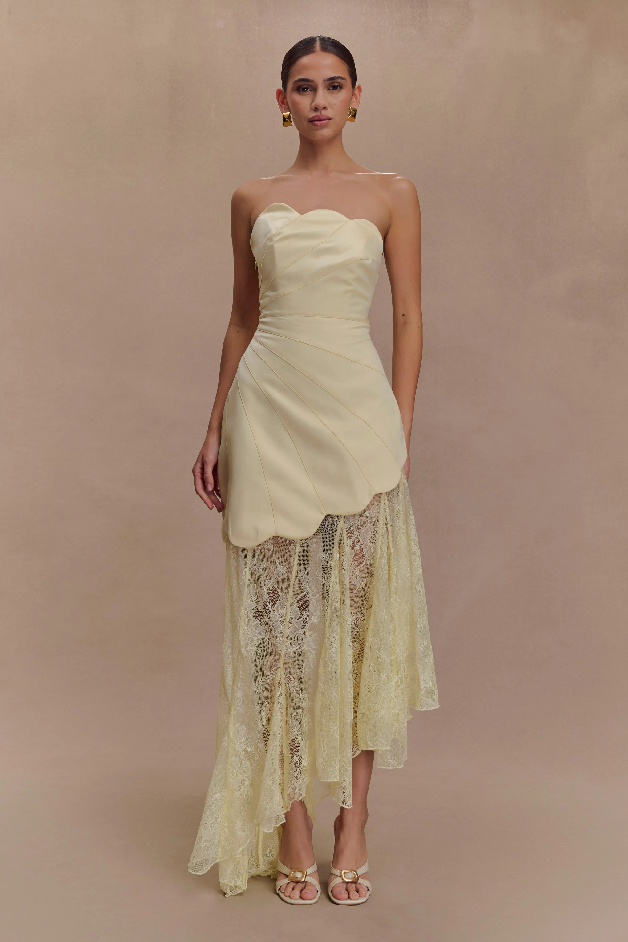 Aleena Satin And Lace Maxi Dress - Lemon Soft Tones Versatile Cut
