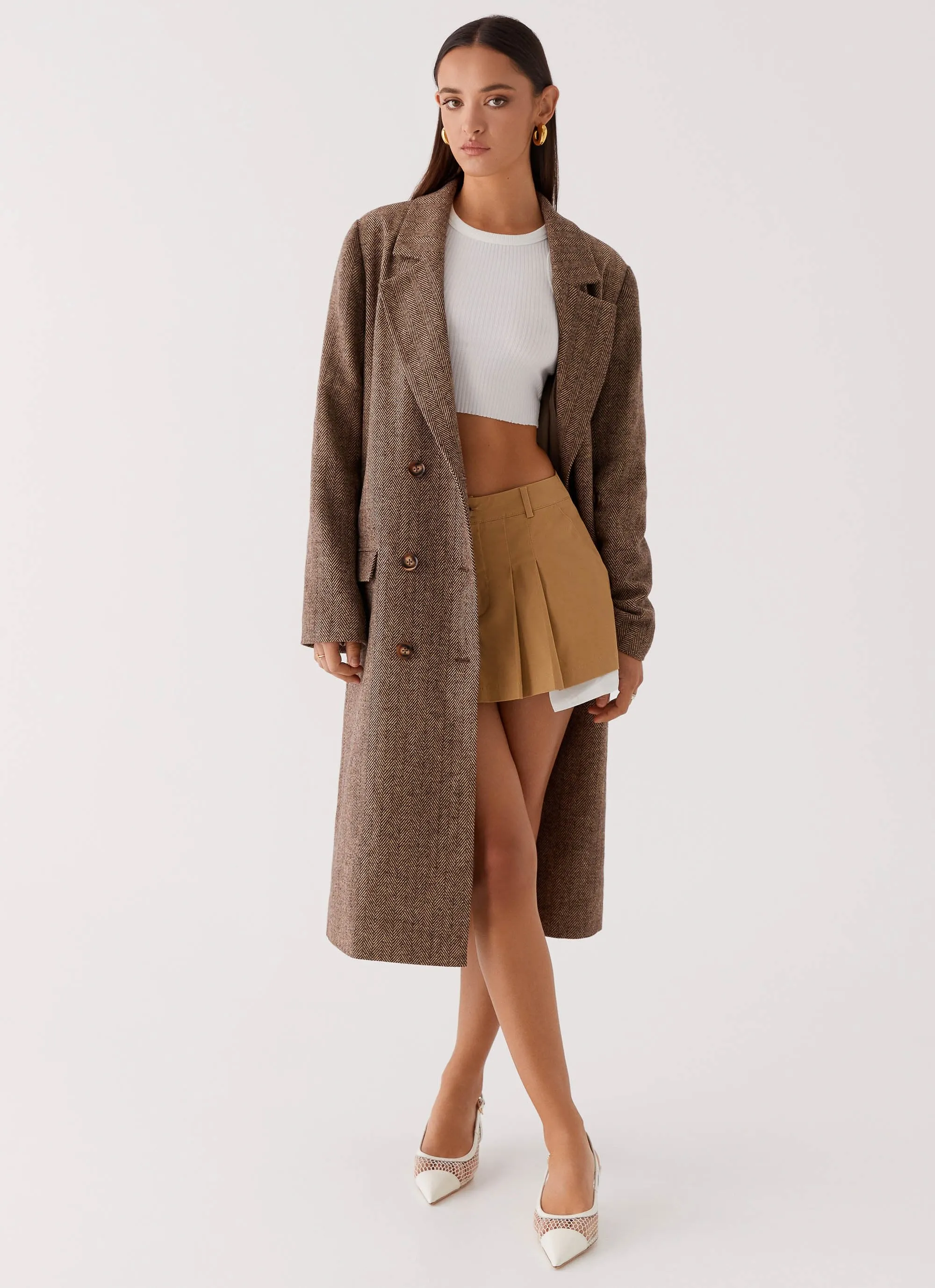 Since Way Back Longline Coat - Brown Subtle Layers Flexible Fiber Fill