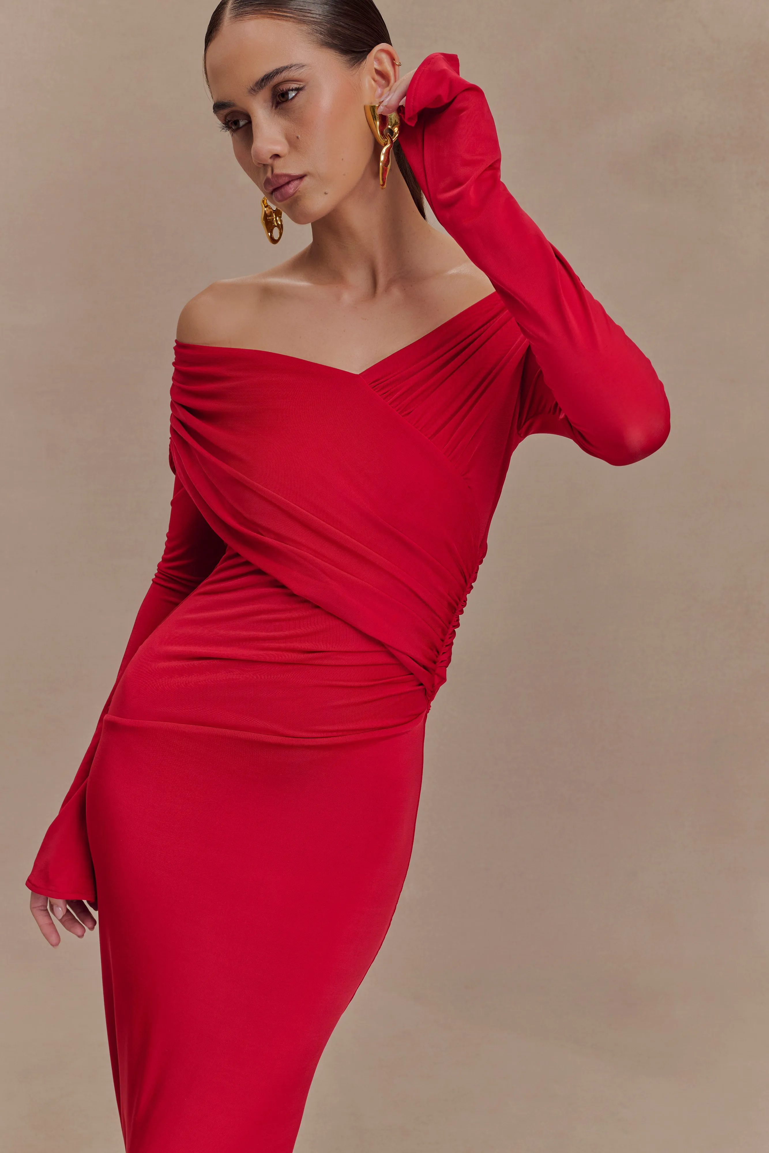 Morning Glow Draped Fabric Therese Off Shoulder Ruched Maxi Dress - Red