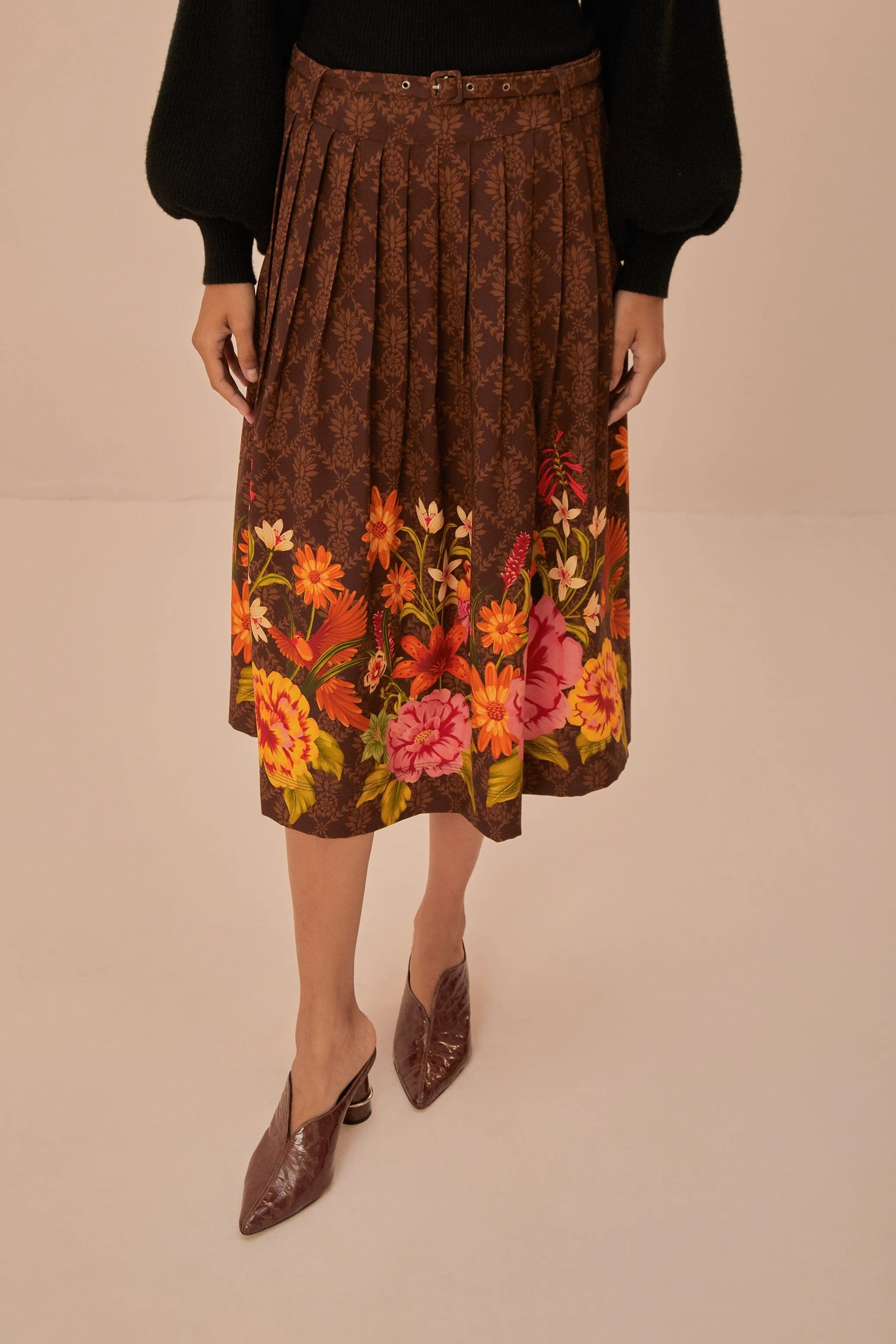 Brown Charming Garden Midi Skirt Modern Tones
