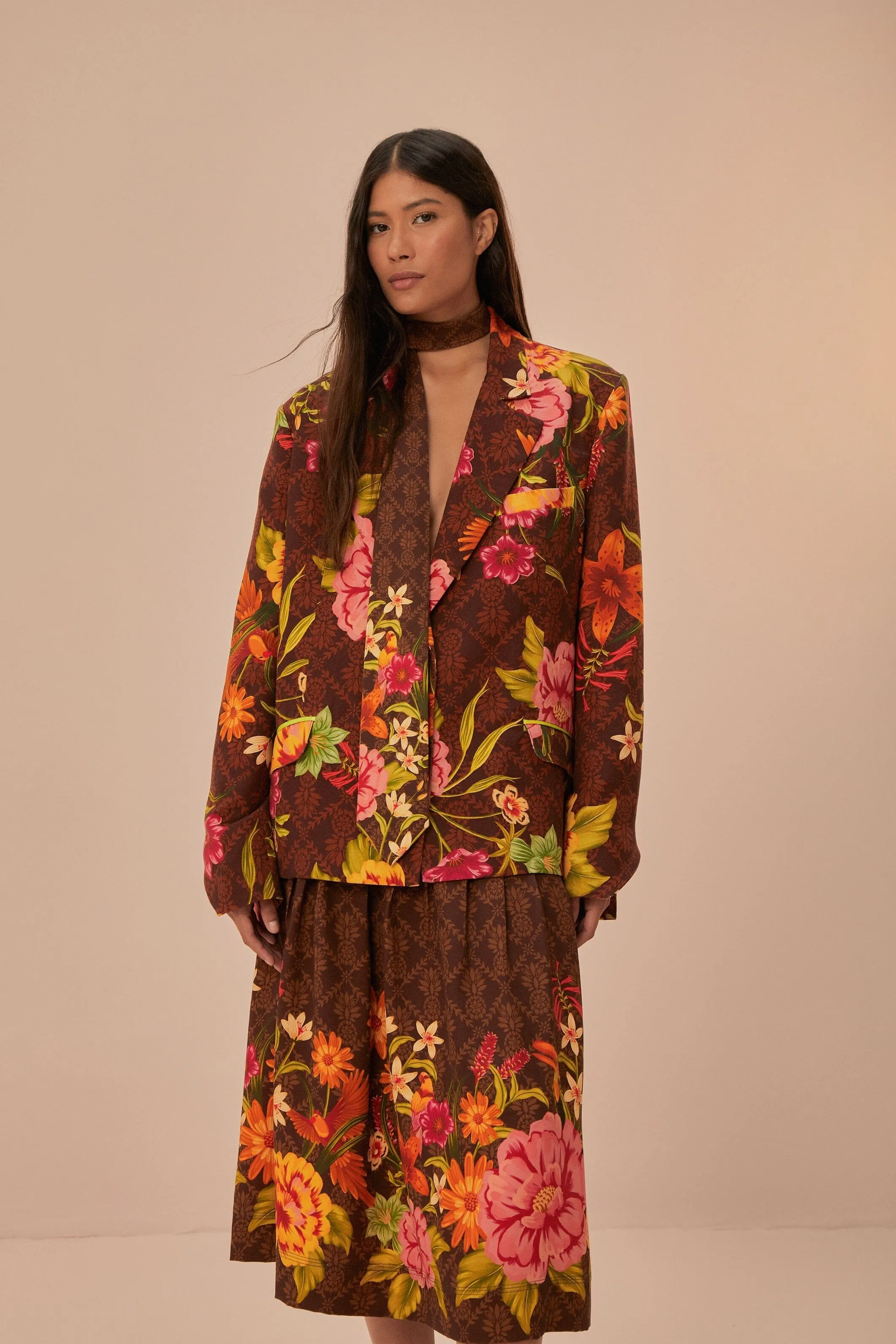 Brown Charming Garden Midi Skirt Fold Over Detail Aesthetic Look