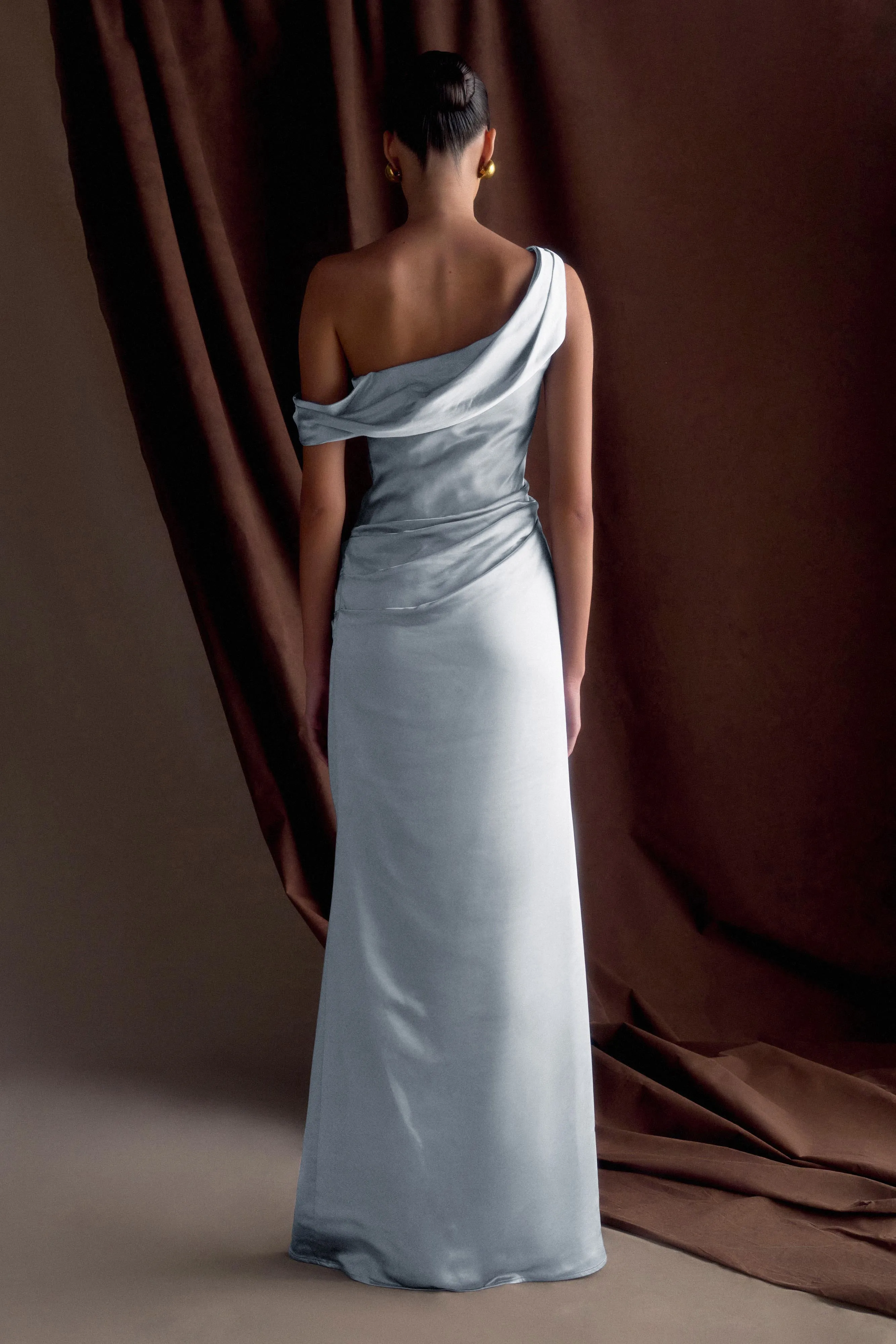 Dalia Off Shoulder Satin Maxi Dress - Frosted Blue Formal Look