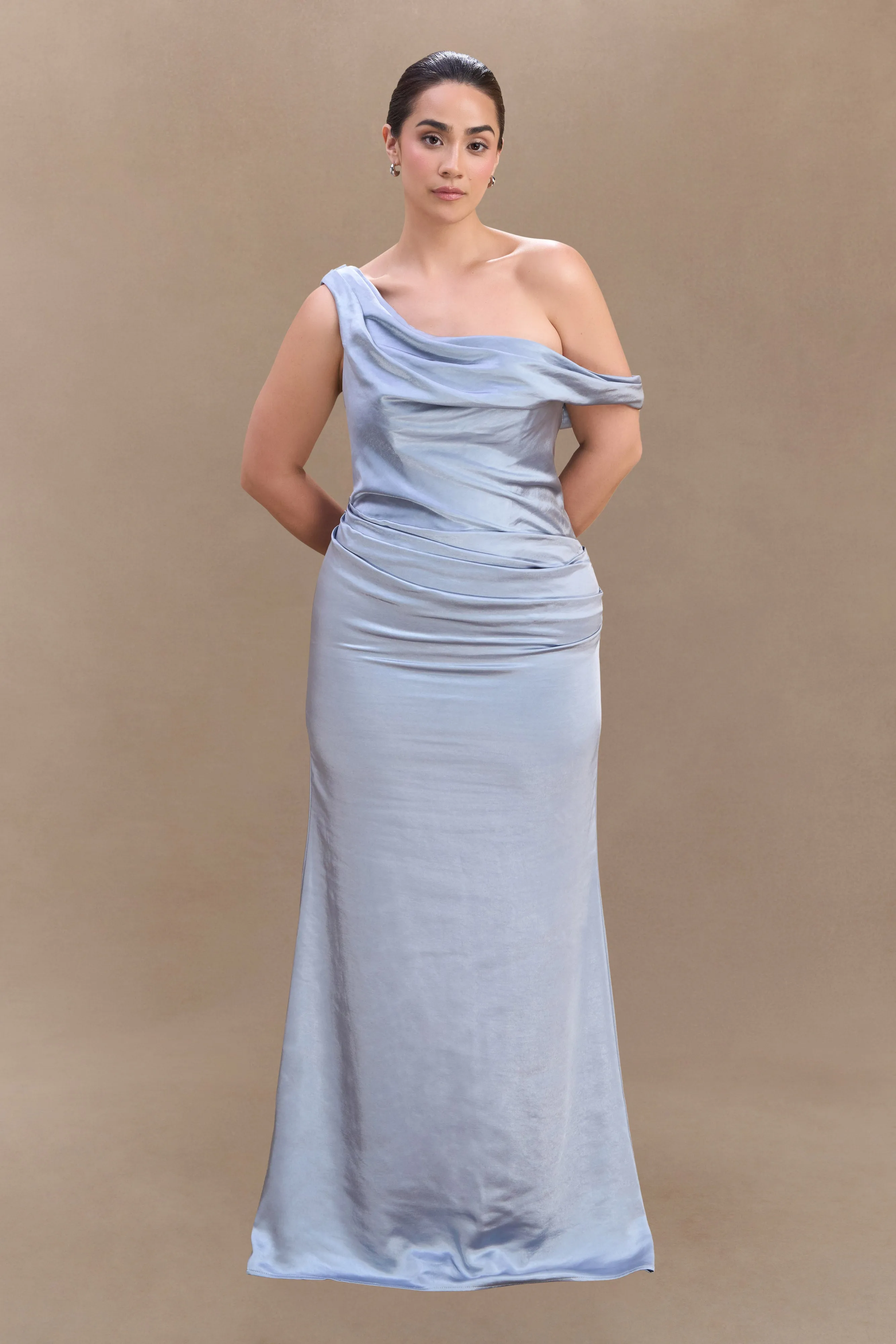 Dalia Off Shoulder Satin Maxi Dress - Frosted Blue Dry-Clean-Only FoldablePackaging