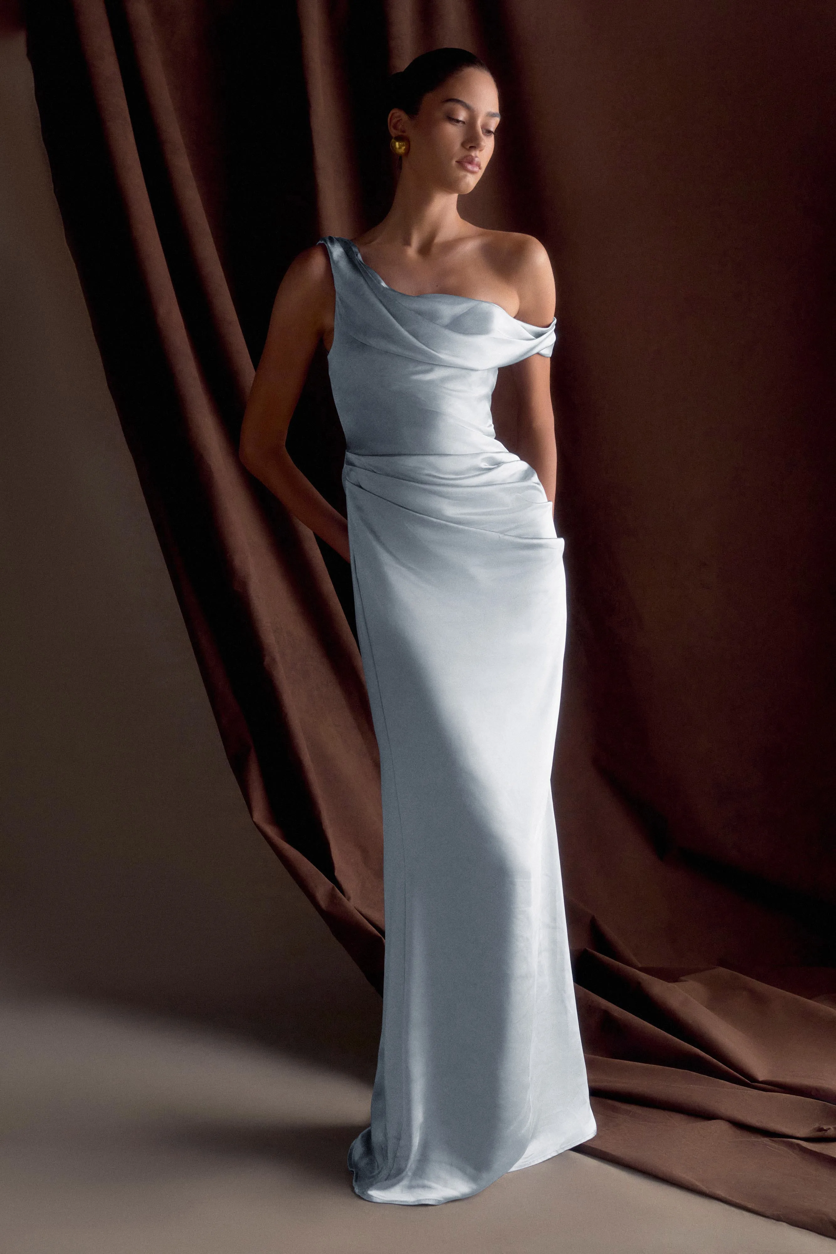 Dalia Off Shoulder Satin Maxi Dress - Frosted Blue Trendy wrap gown Chic Layering
