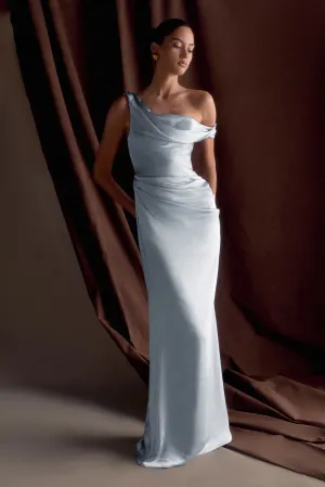 Dalia Off Shoulder Satin Maxi Dress - Frosted Blue Trendy wrap gown Chic Layering