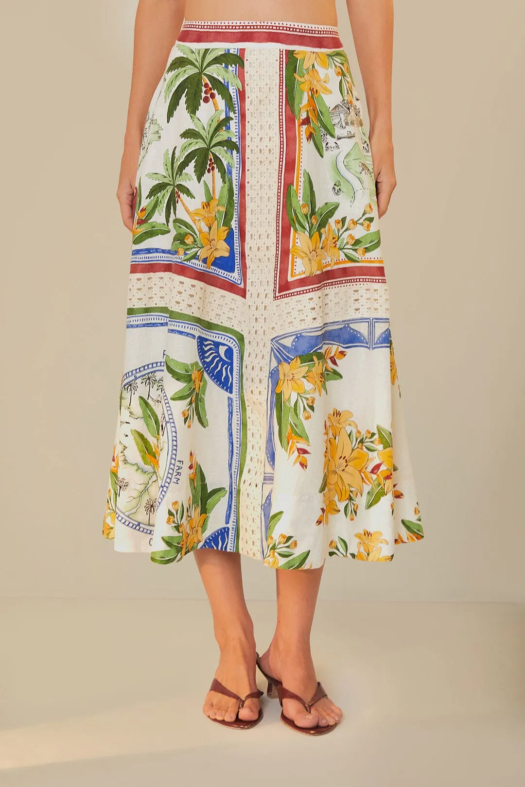 High Waist Cruise Attire Off-White Tropical Destination LENZING? ECOVERO? Euroflax? Midi Skirt