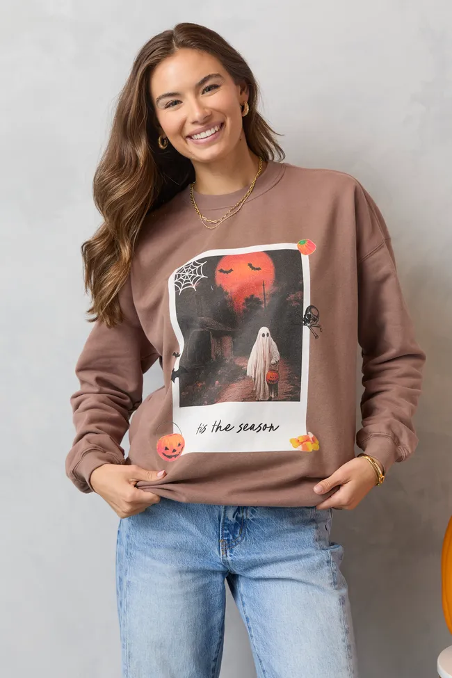 Striped Soft and Warm 'Tis The Season Halloween Photo Print Mocha Graphic Sweatshirt SALE