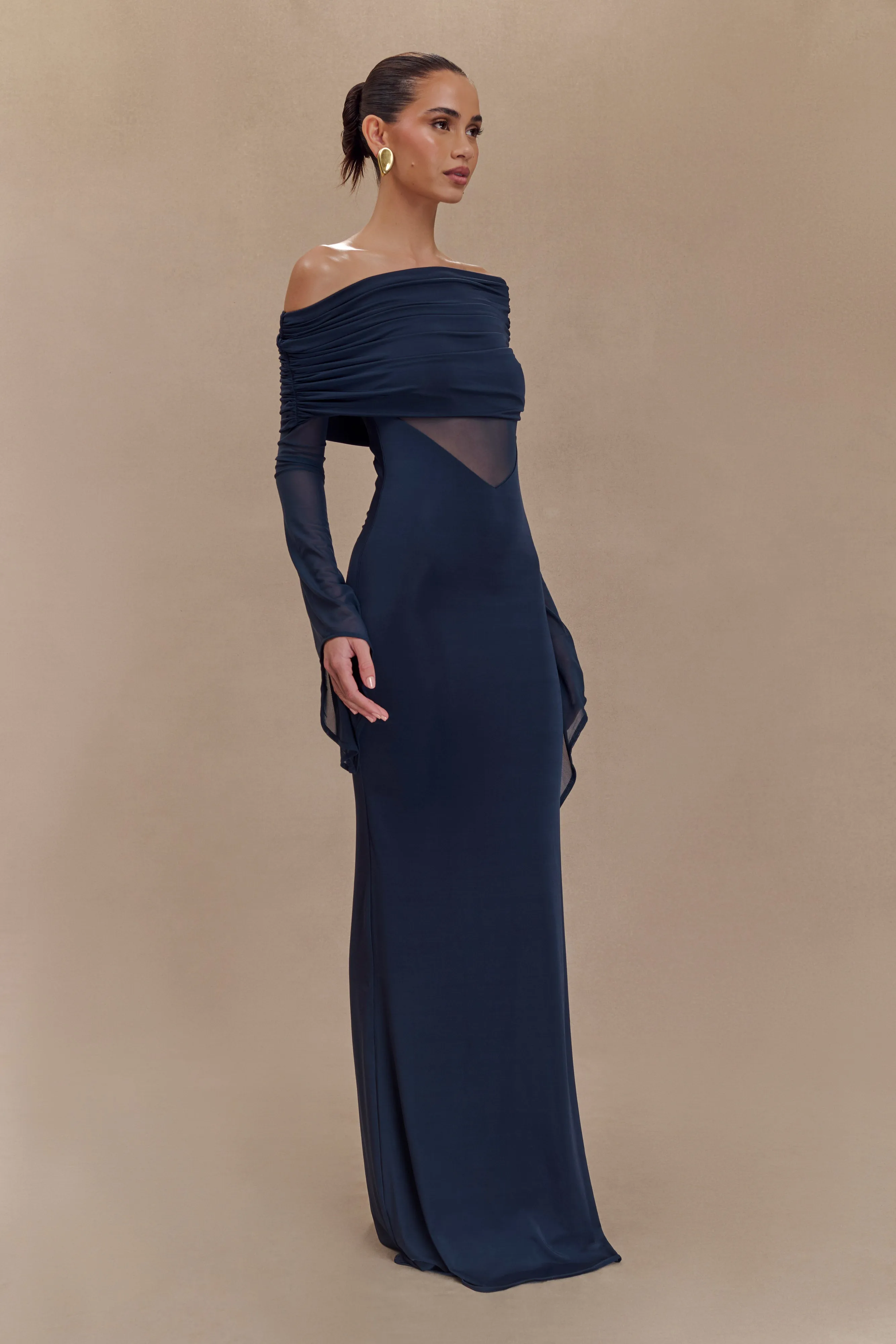 Versatile Wearable Kaitlin One Shoulder Slinky And Mesh Maxi Dress - Midnight Blue