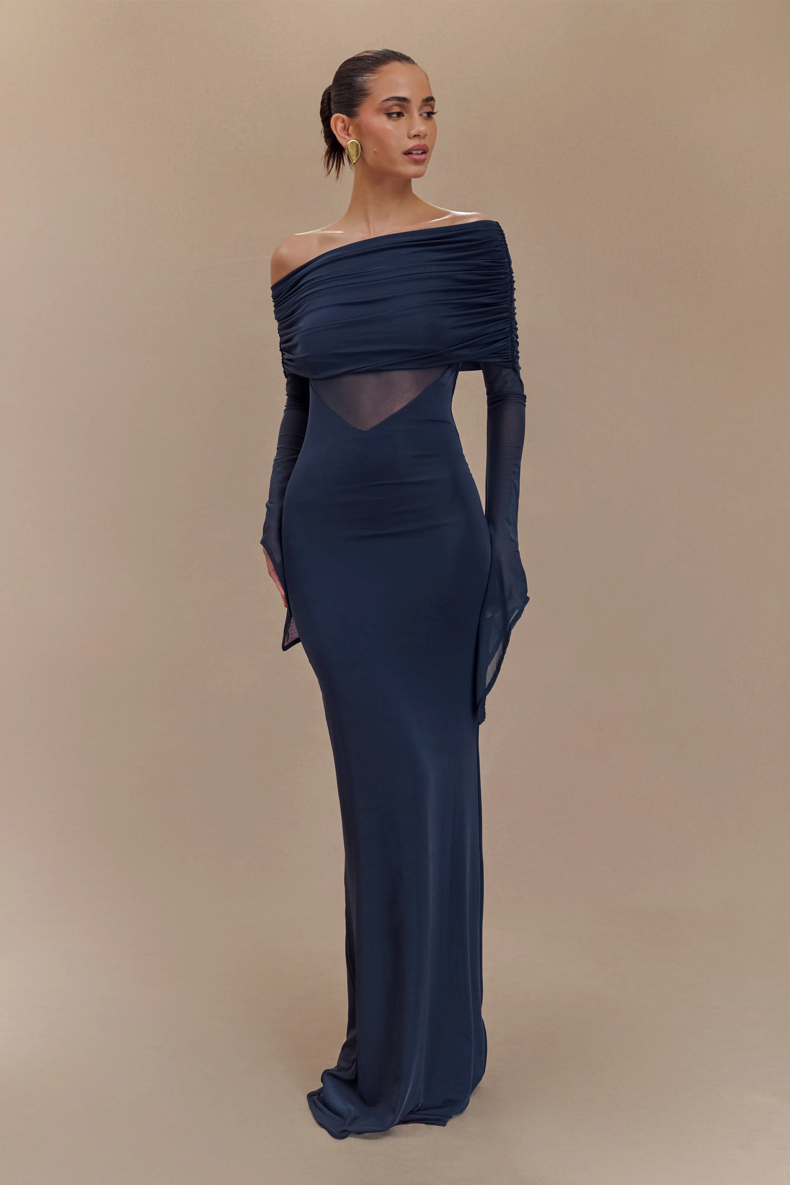 Calm Aesthetic Adjustable-Straps Kaitlin One Shoulder Slinky And Mesh Maxi Dress - Midnight Blue