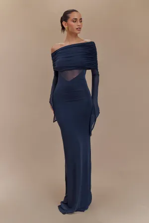 Calm Aesthetic Adjustable-Straps Kaitlin One Shoulder Slinky And Mesh Maxi Dress - Midnight Blue