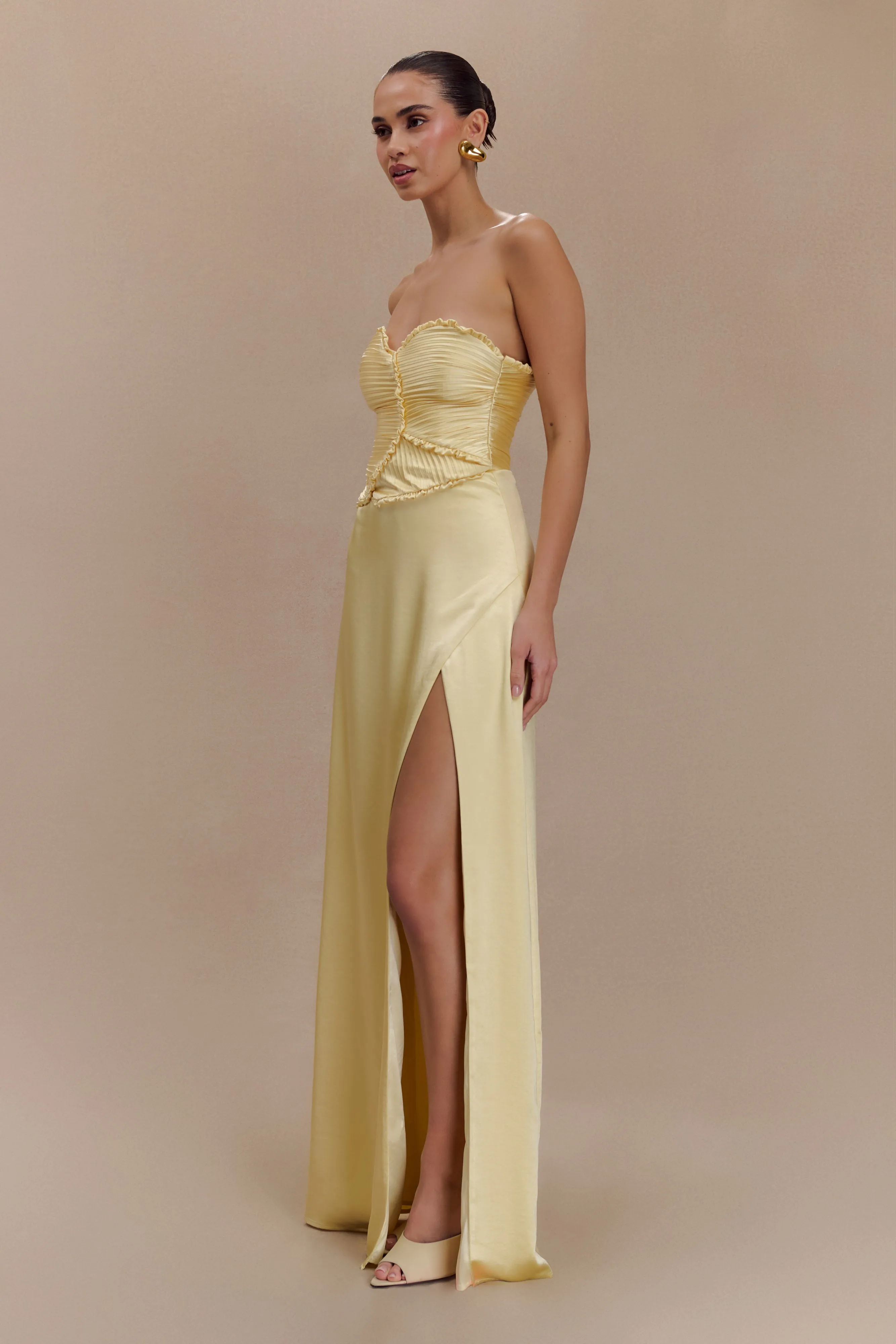 Larissa Satin Maxi Dress With Ruched Petals - Lemon Elegant knee-length dress