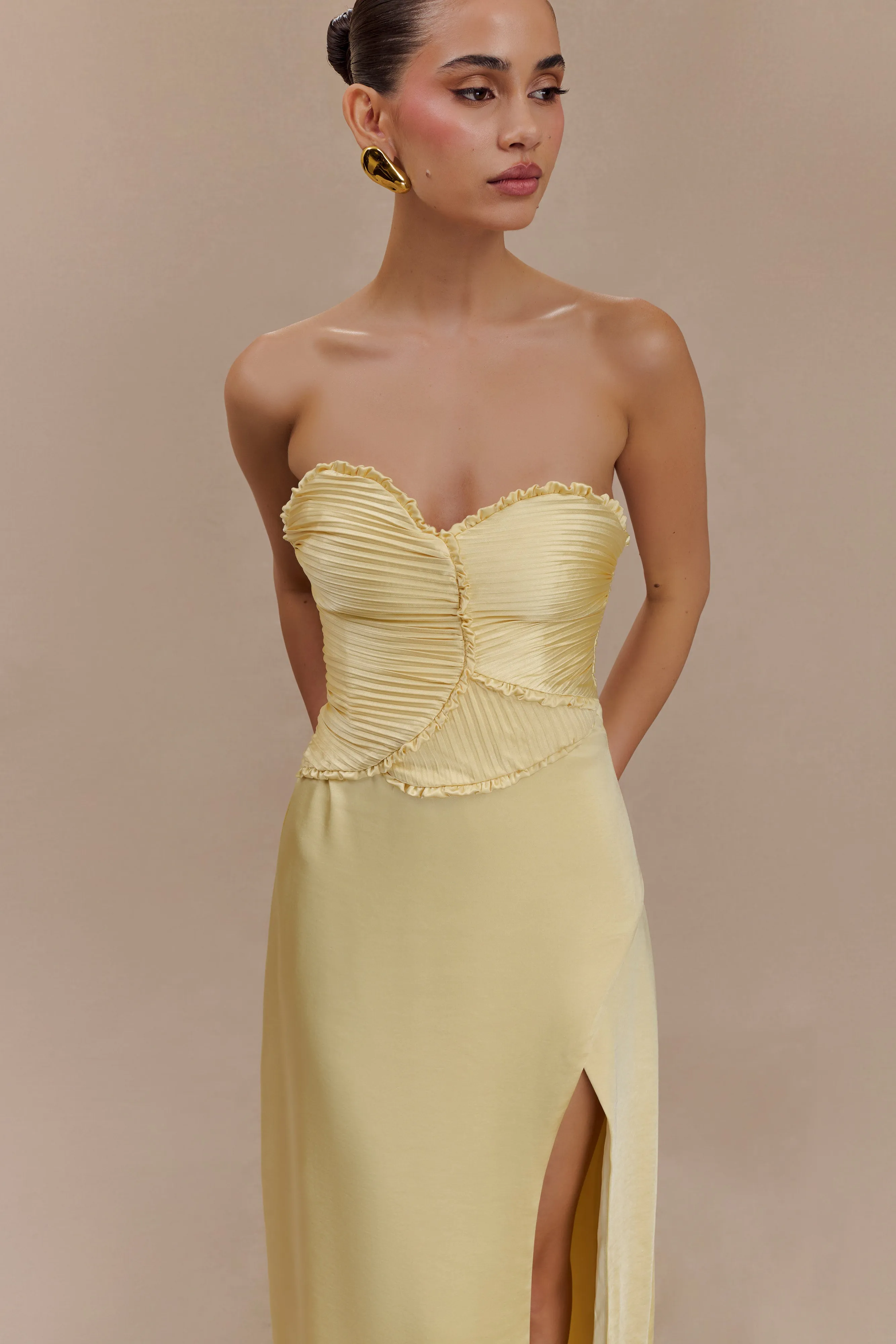 Larissa Satin Maxi Dress With Ruched Petals - Lemon Fit Easy