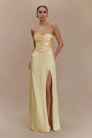 Larissa Satin Maxi Dress With Ruched Petals - Lemon Airy Drape