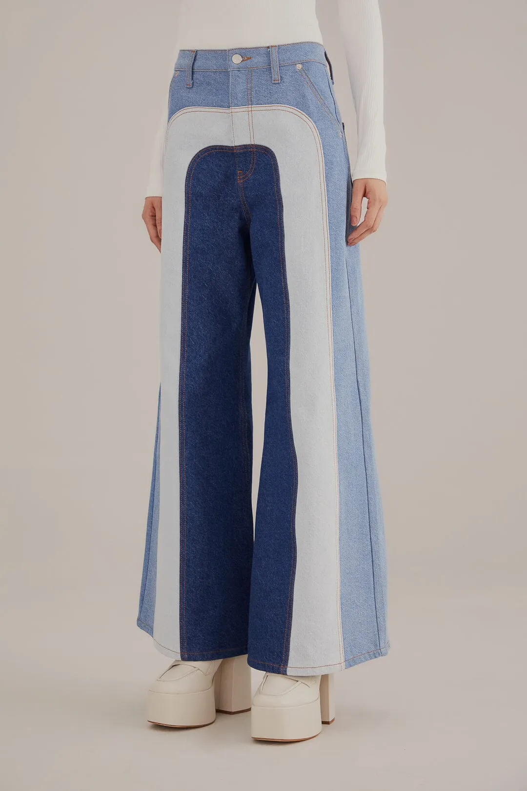 Flattering Cut Thermal Regulating Fabric Patchwork Denim Wide Pants