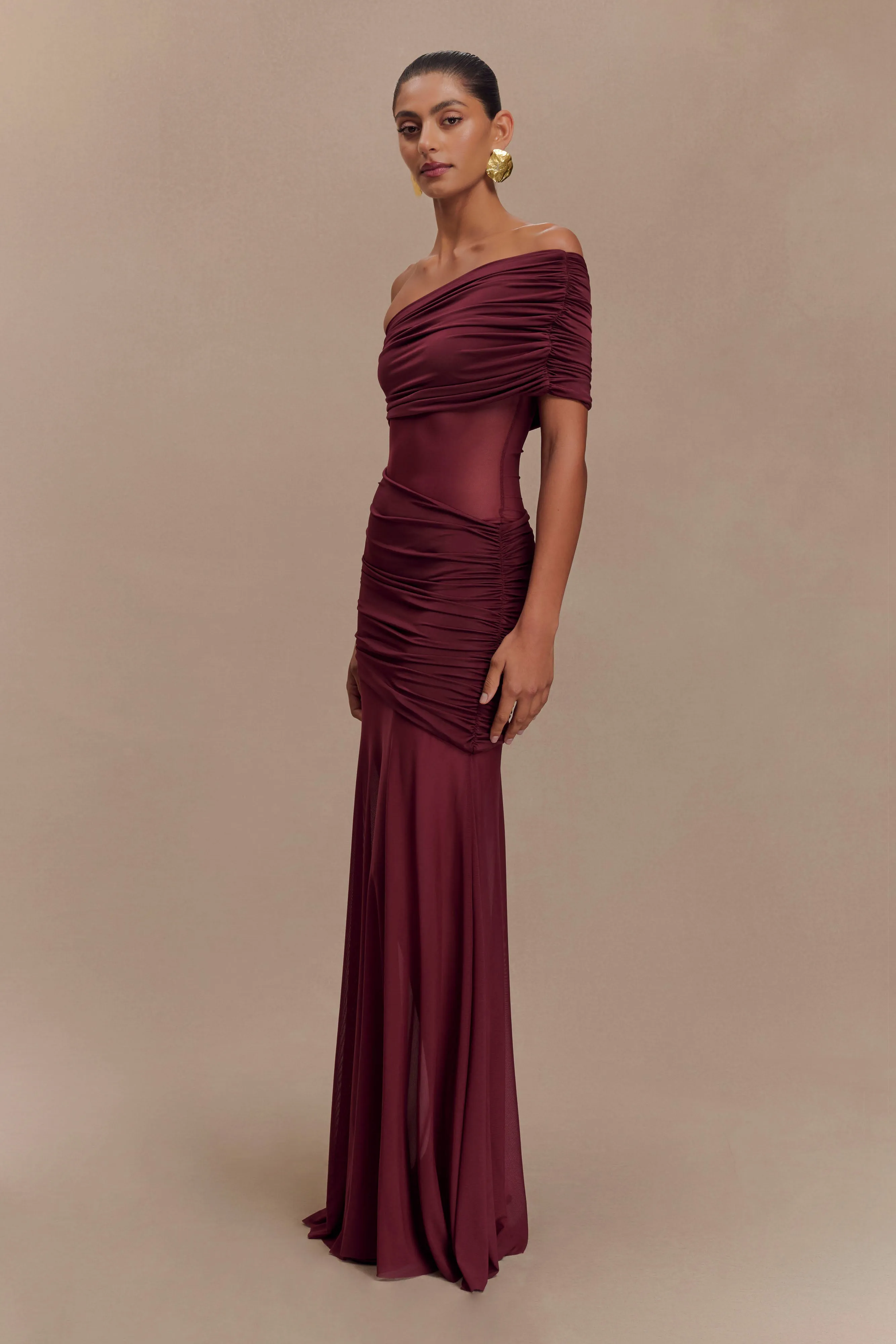 Relaxed Layer Dallas One Shoulder Mesh Maxi Dress - Burgundy