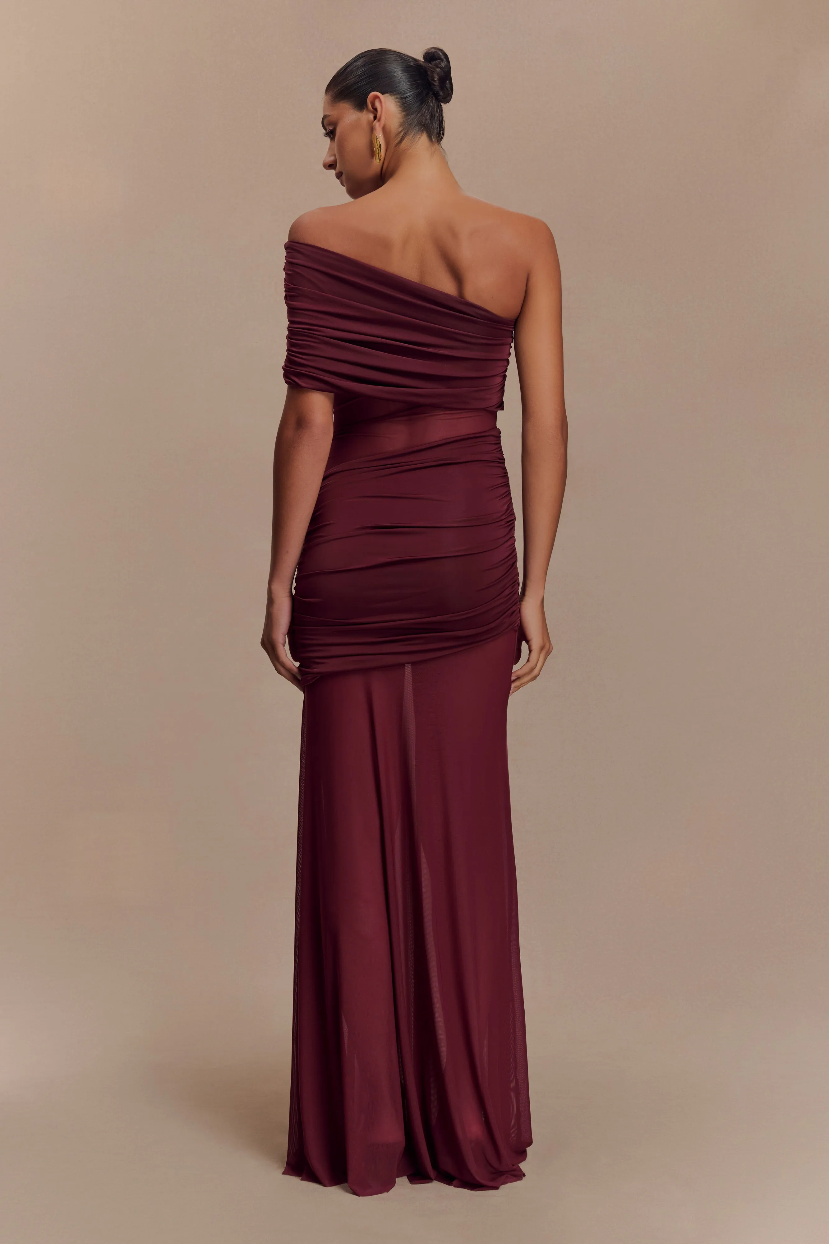 Perfectly Fit Look Functional Fit Dallas One Shoulder Mesh Maxi Dress - Burgundy