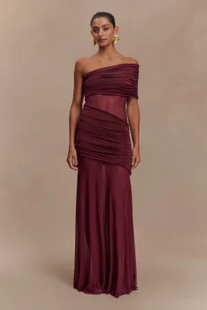 Perfect Style Dallas One Shoulder Mesh Maxi Dress - Burgundy