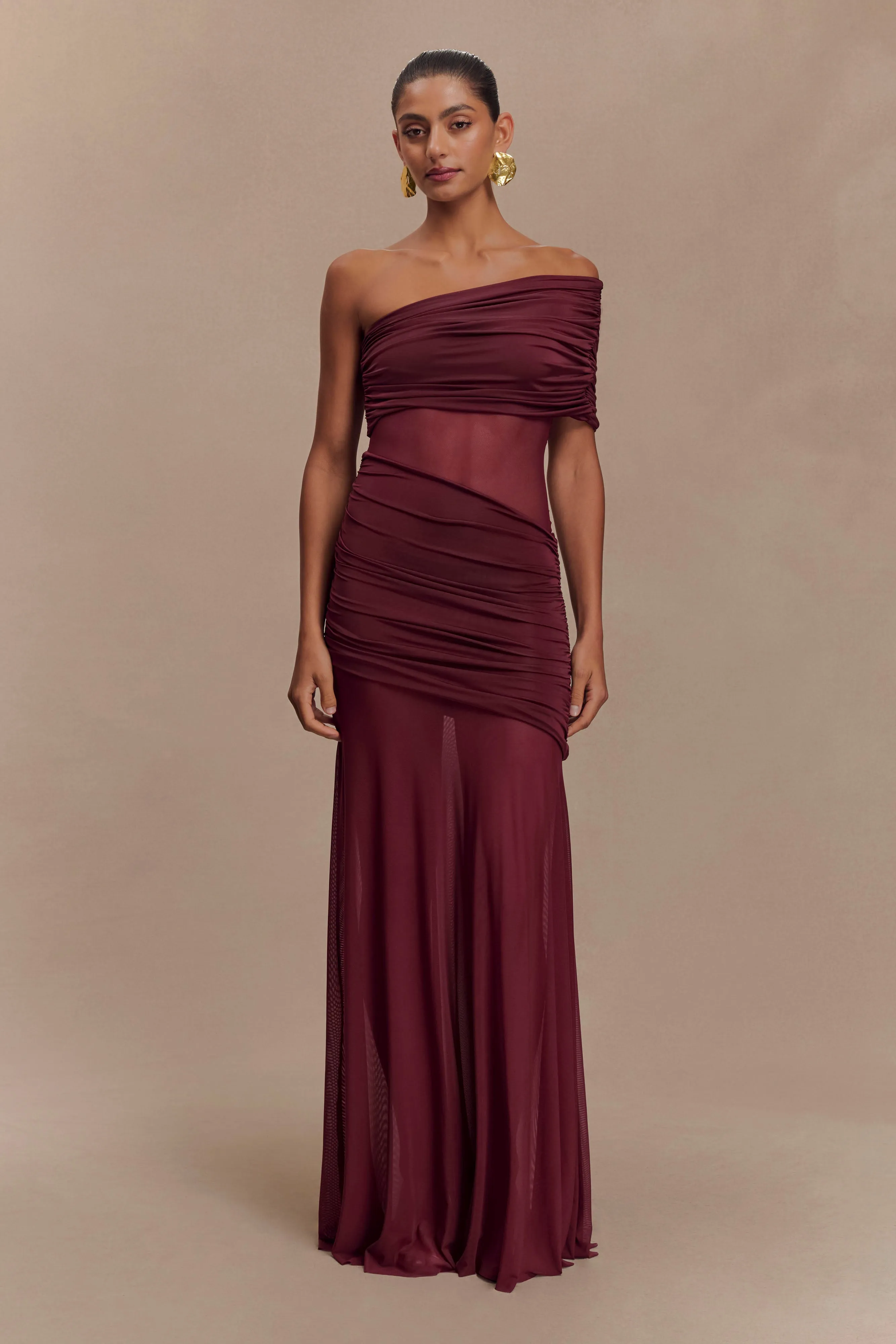 Perfect Style Dallas One Shoulder Mesh Maxi Dress - Burgundy