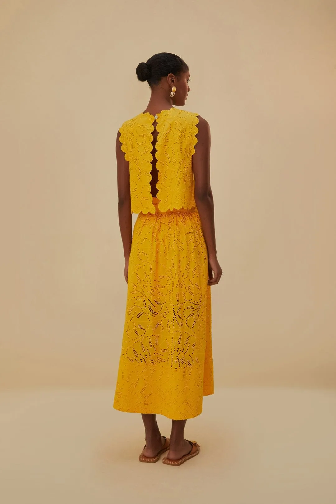 Outfit Focused Smooth Feel Yellow Monstera Eyelet Maxi Skirt