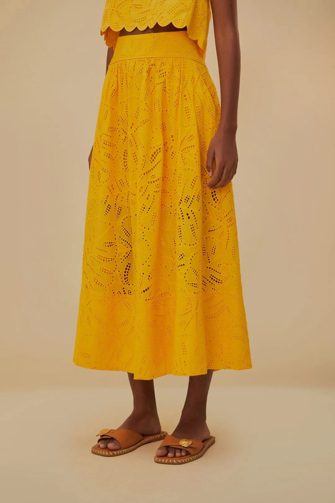 Photography Session Flexible Knit Yellow Monstera Eyelet Maxi Skirt