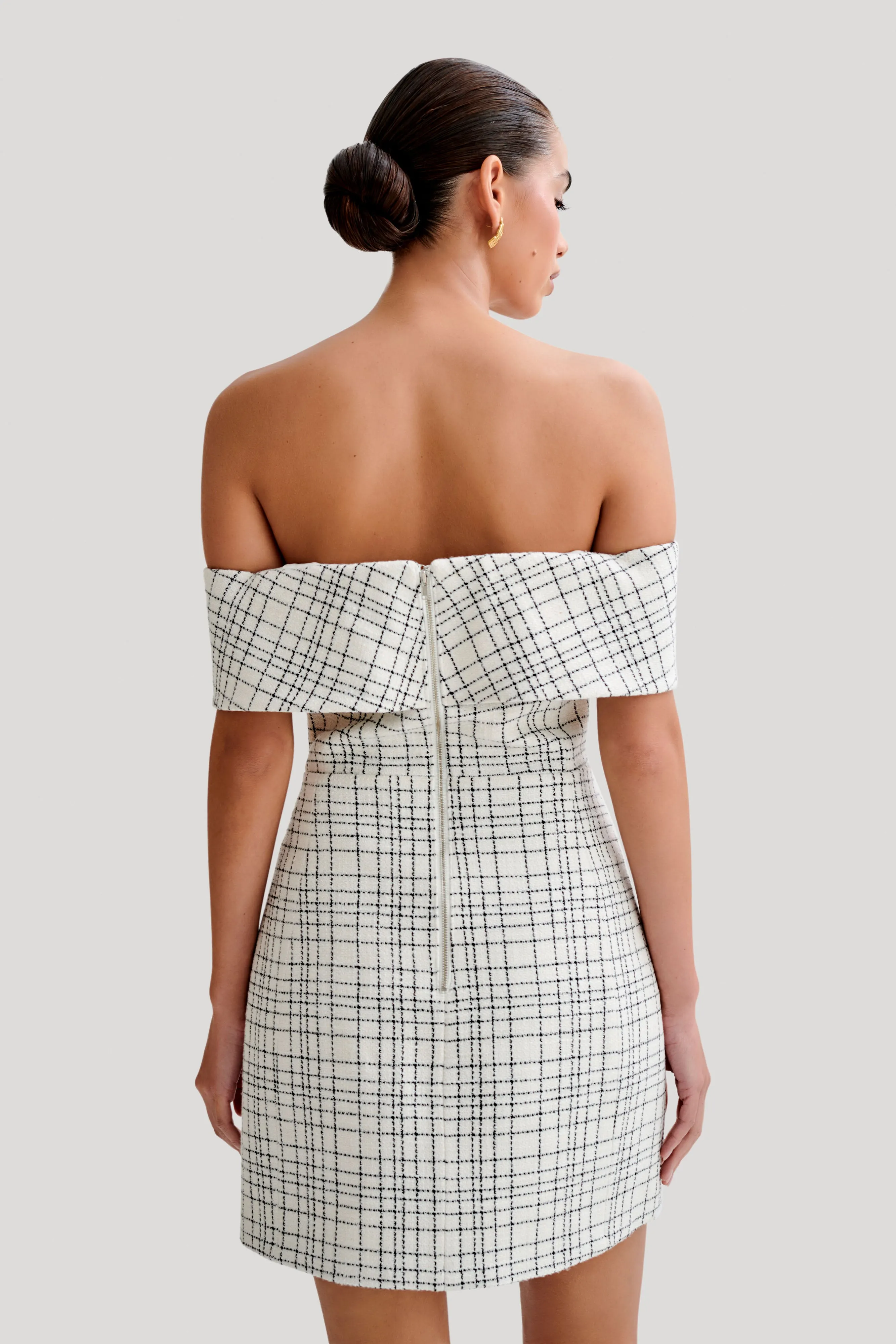 Helena Tweed Off Shoulder Mini Dress - White Check Crisp Silhouette