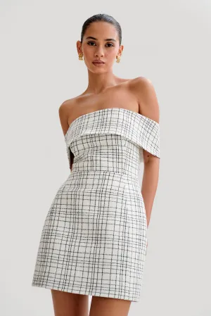 Helena Tweed Off Shoulder Mini Dress - White Check Flow Ready
