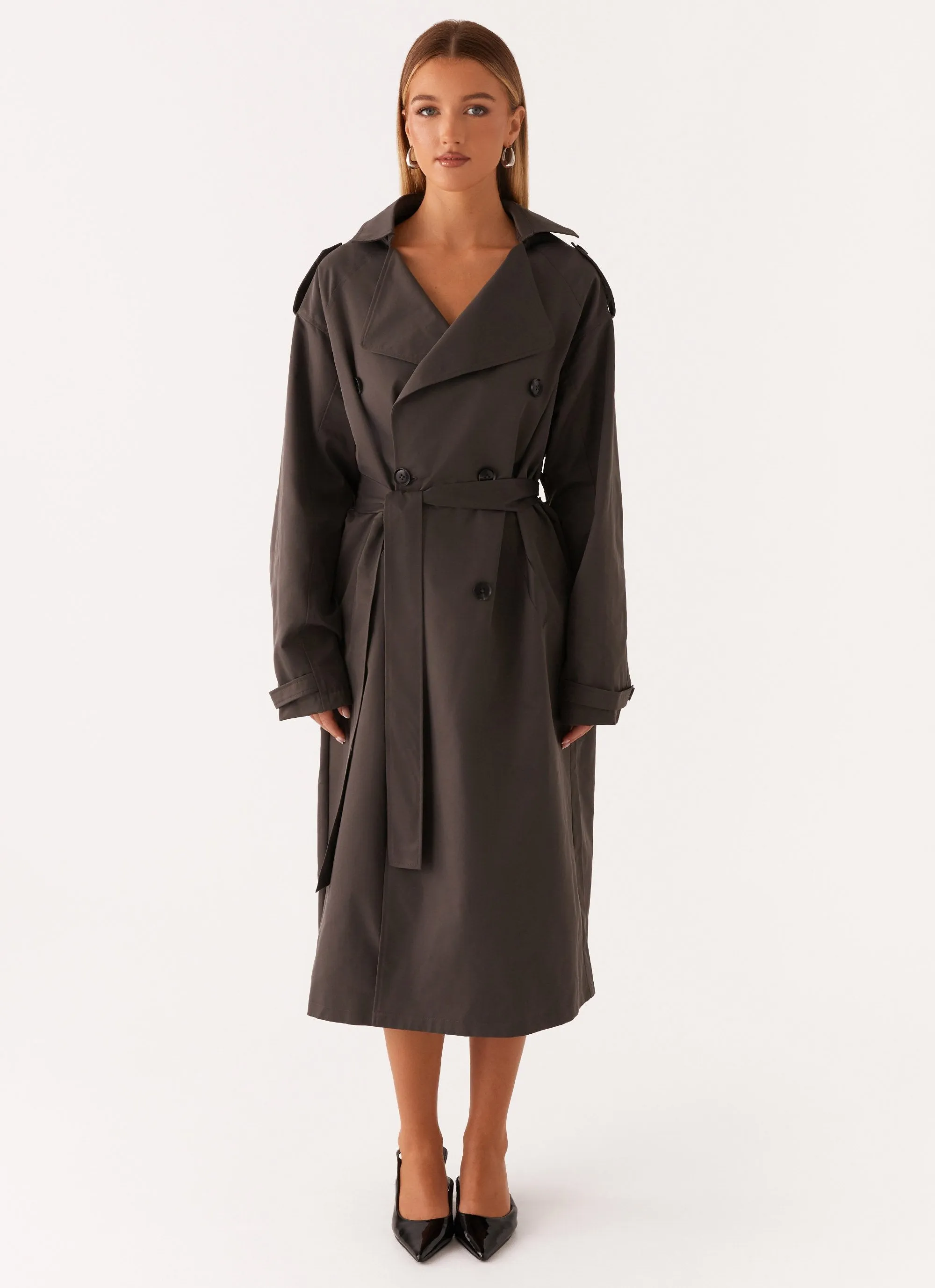 Brighton Oversized Trench Coat - Grey Taped Seams AdjustableDrawstring