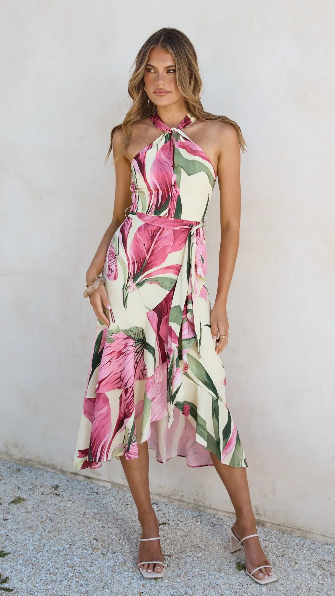 Alma Midi Dress - Lemon/Pink Floral Polished Tailoring Rhinestone-Detail