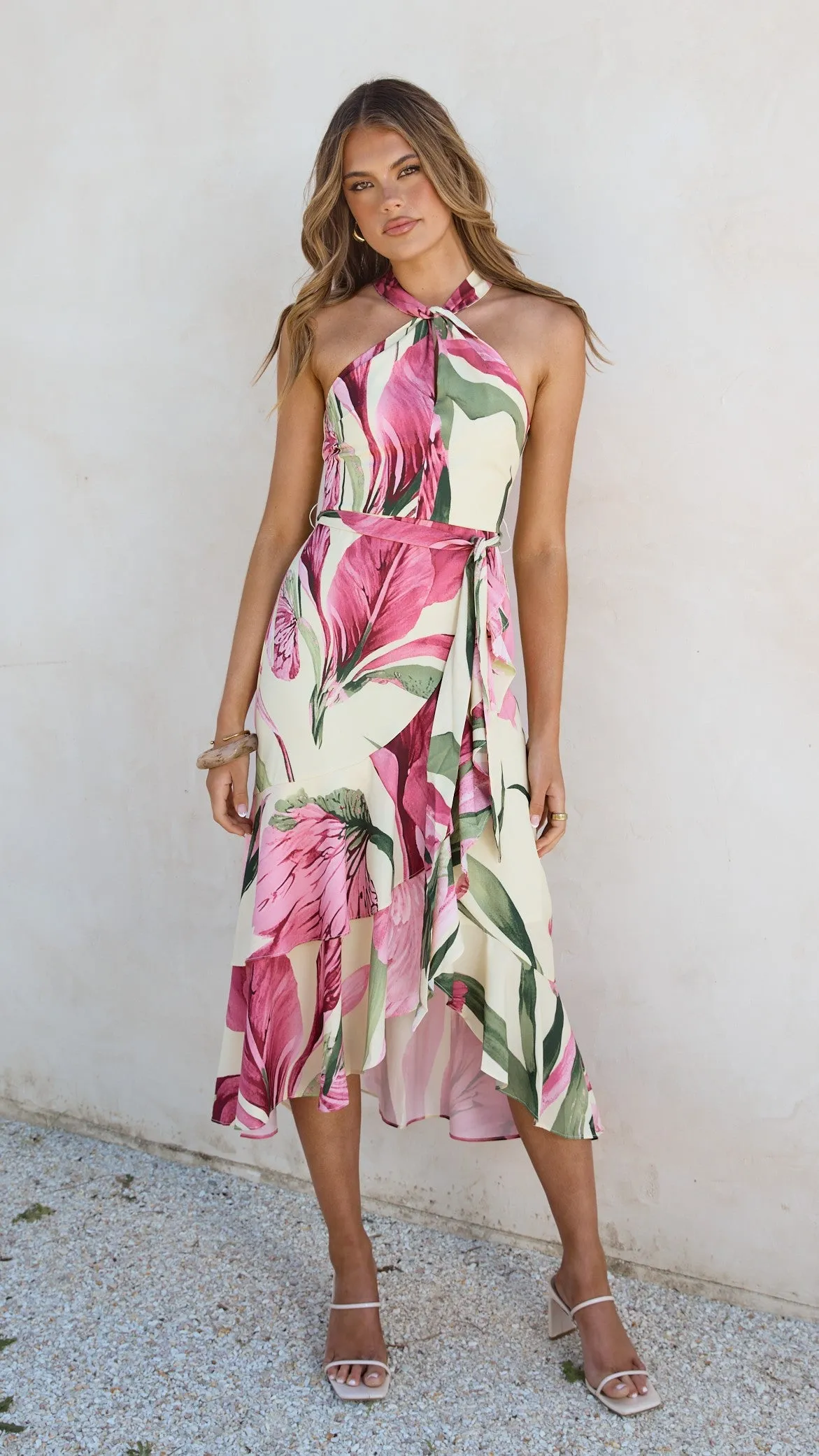 Perfect Day-to-Night Feminine Look Alma Midi Dress - Lemon/Pink Floral