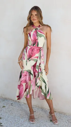 Alma Midi Dress - Lemon/Pink Floral Polished Tailoring Rhinestone-Detail