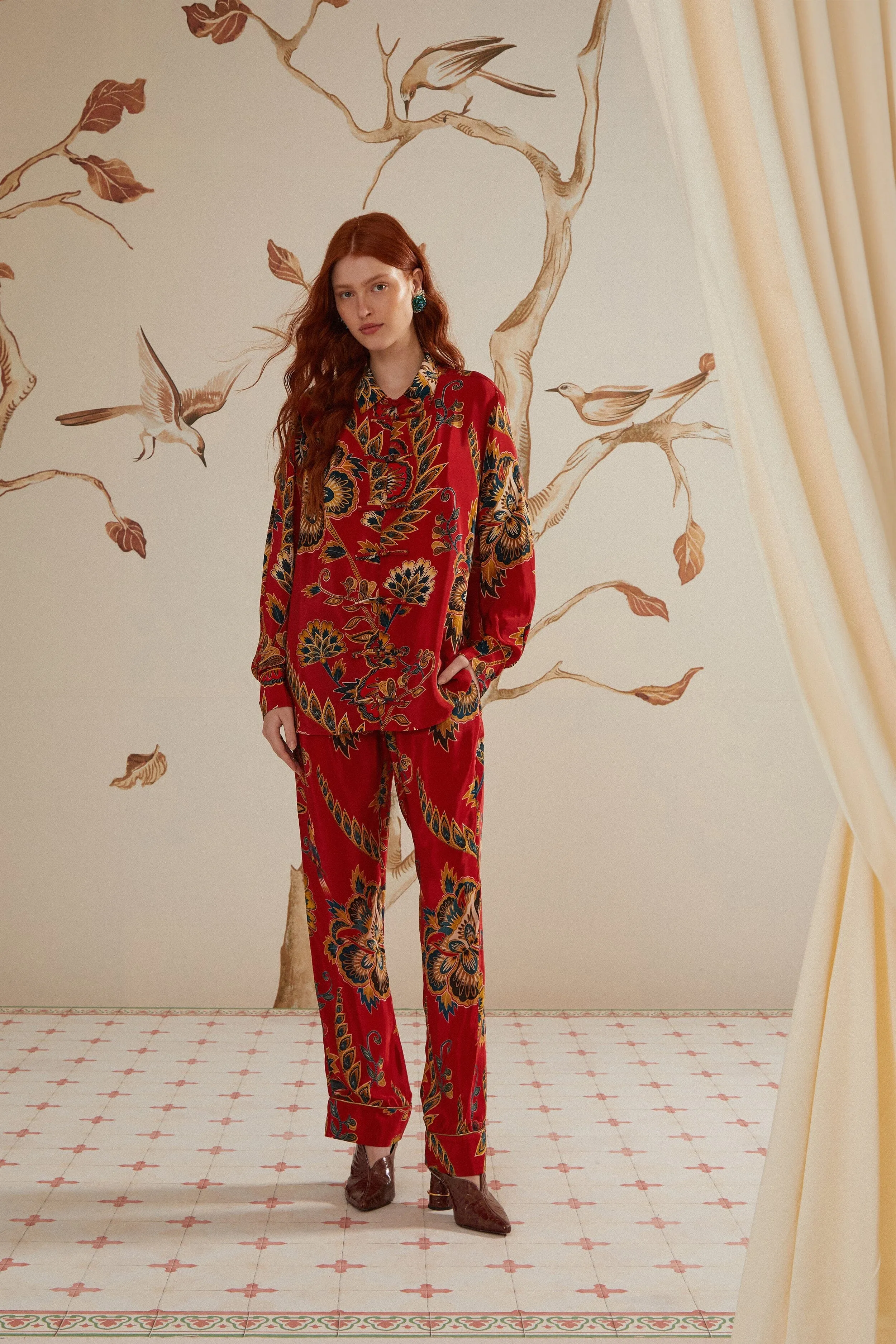 Red Maxi Floral Pajama Pants Customizable length