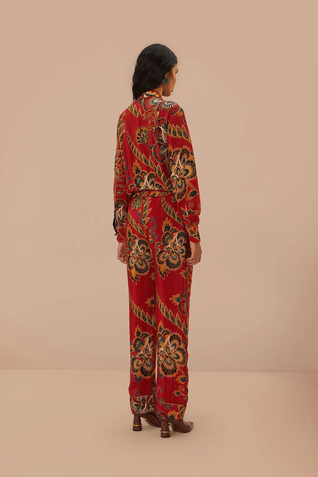 Red Maxi Floral Pajama Pants Elastic Cuff