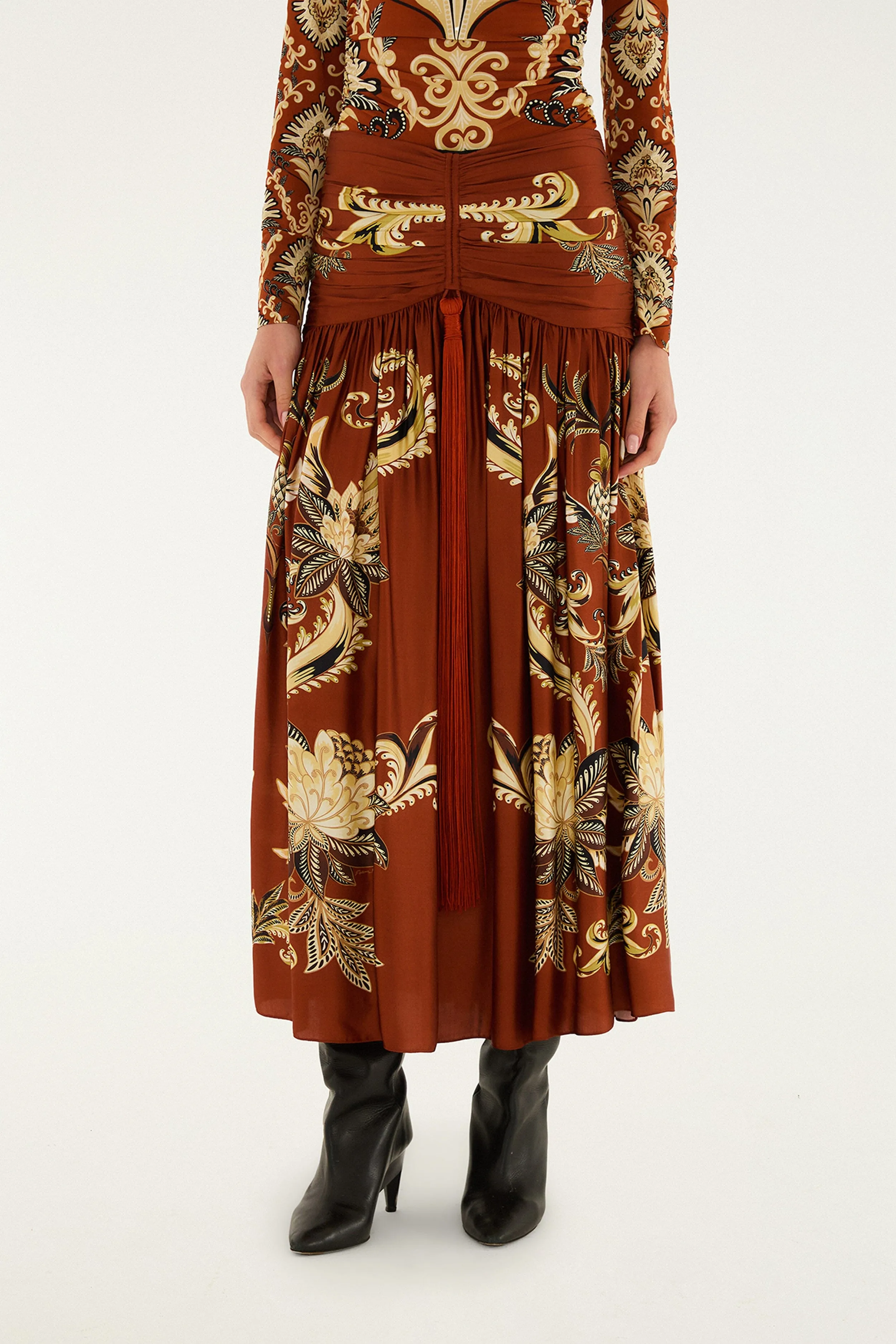 Orange Arabesque Paradise Flower Fringe Lenzing? Ecovero? Viscose Midi Skirt Design Detail