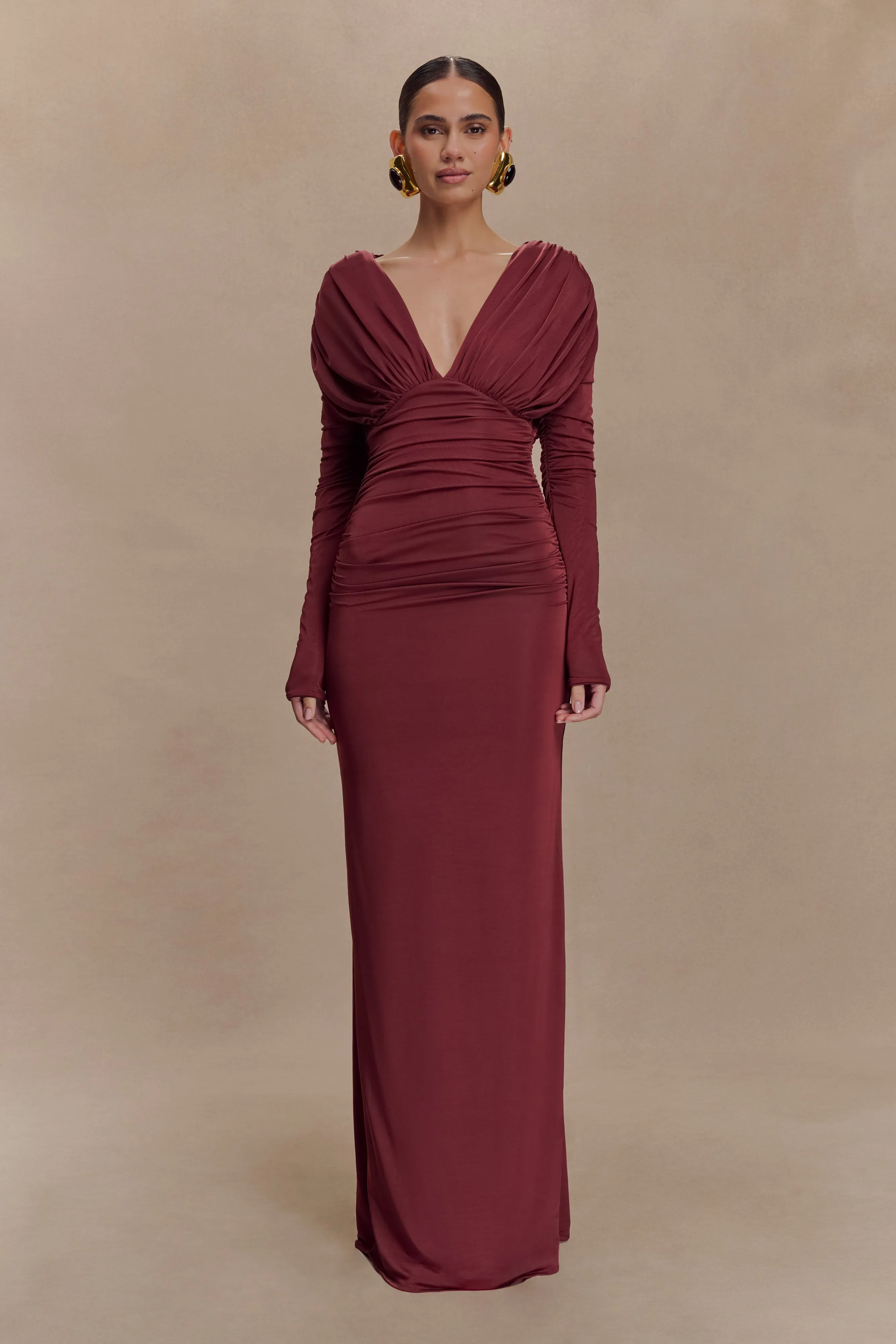 Hayden Long Sleeve Plunge Maxi Dress - Wine monochrome Minimalist Style