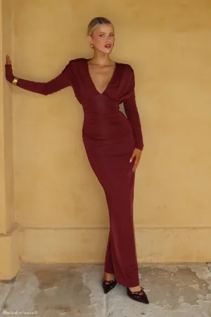 Hayden Long Sleeve Plunge Maxi Dress - Wine Soft Detail