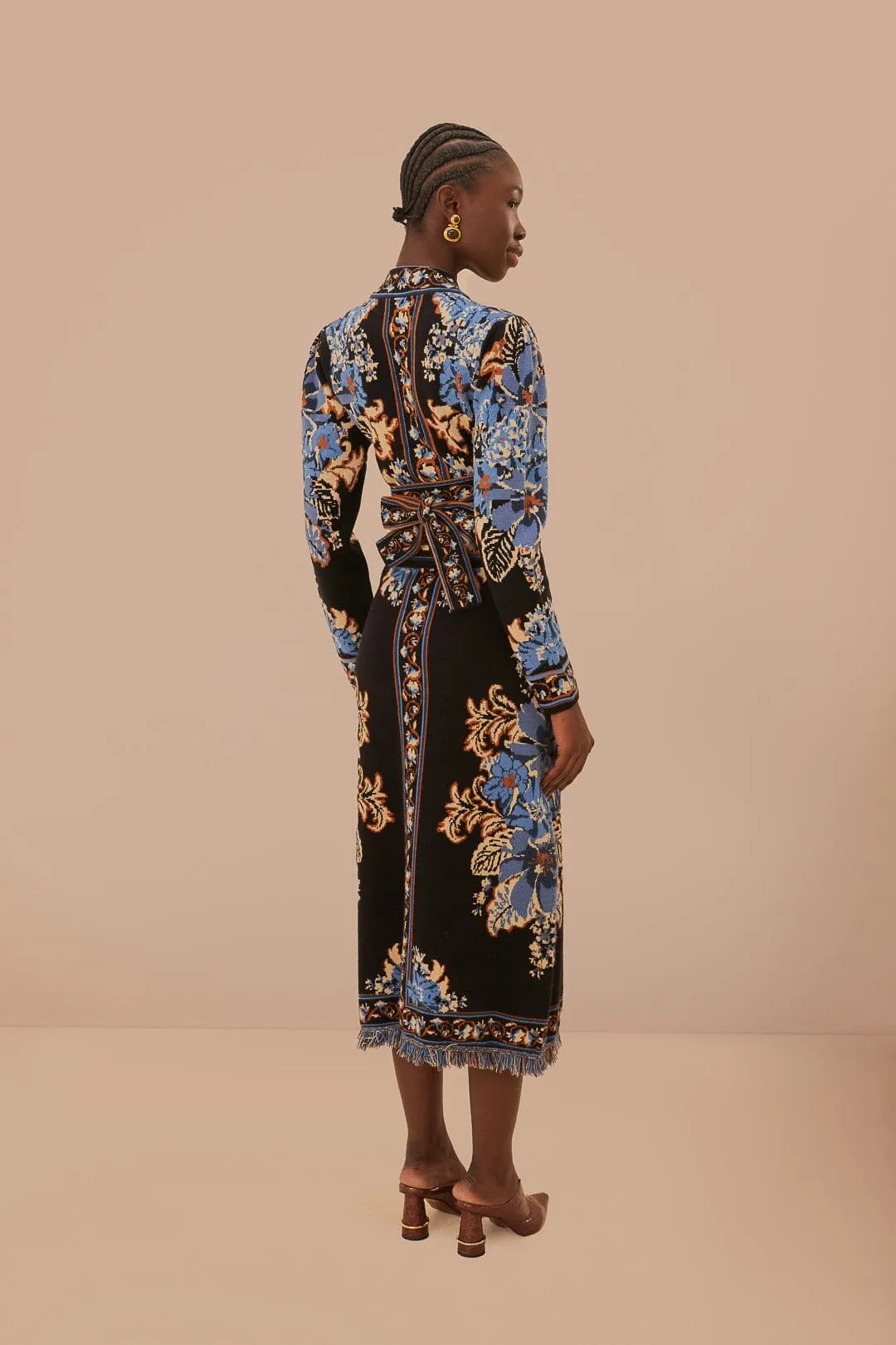 Black Blossom Tapestry Knit Skirt Elastic hem Roll Up Hem