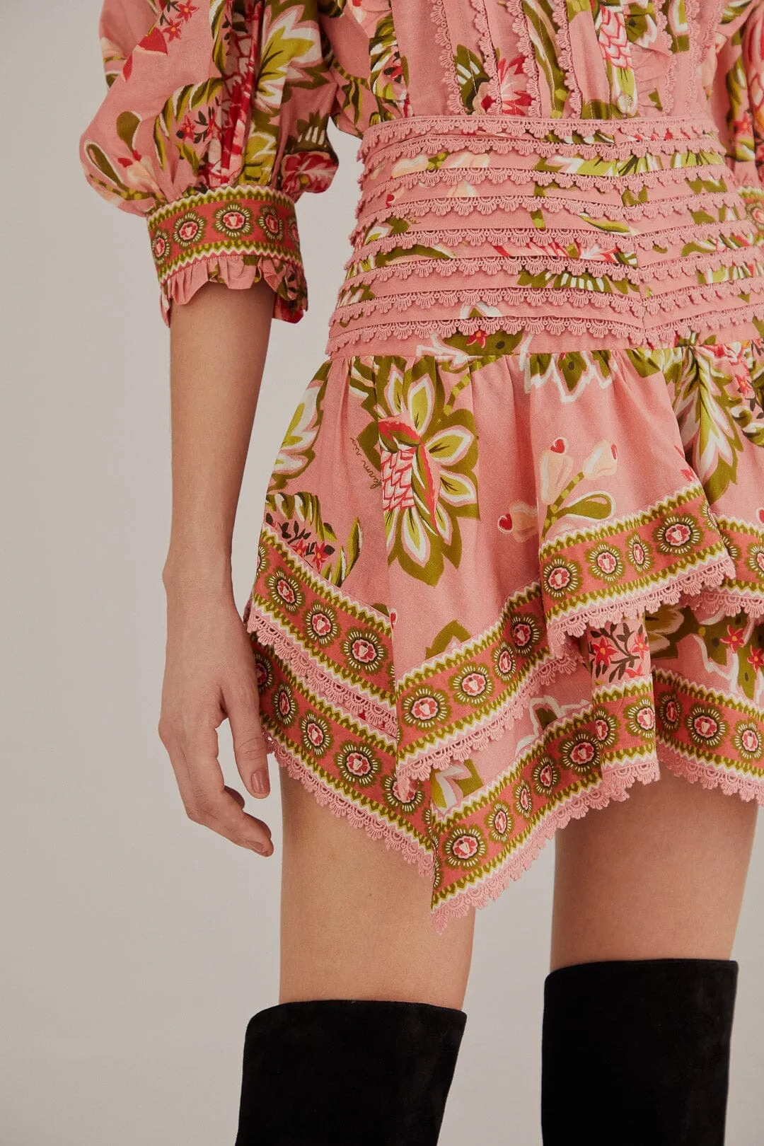 Soft Pink Aura Floral Mini Skirt Layered Structure Crisscross Details