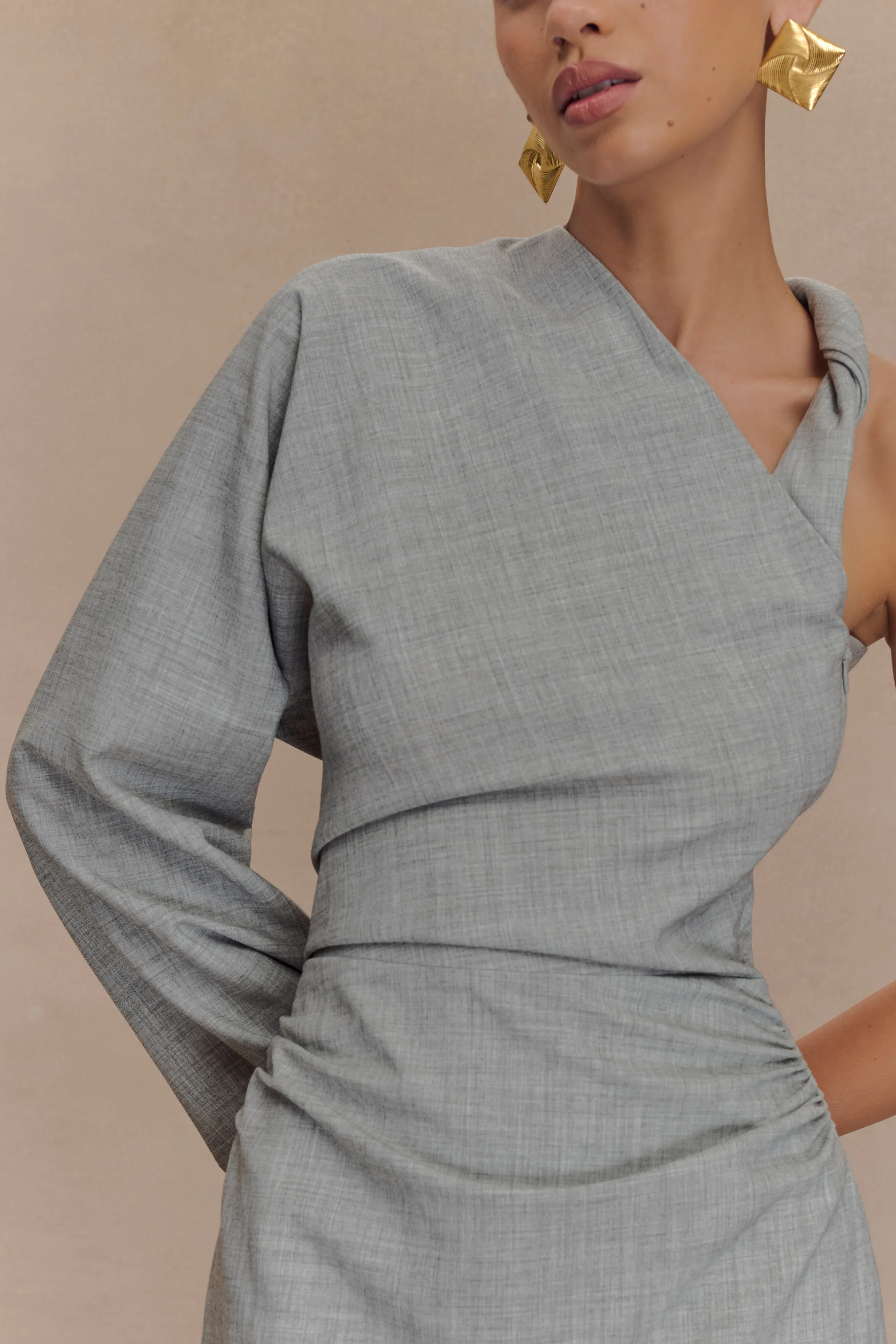 WrinkleResistantFinish Dorian Twist Shoulder Mini Dress - Charcoal Marle