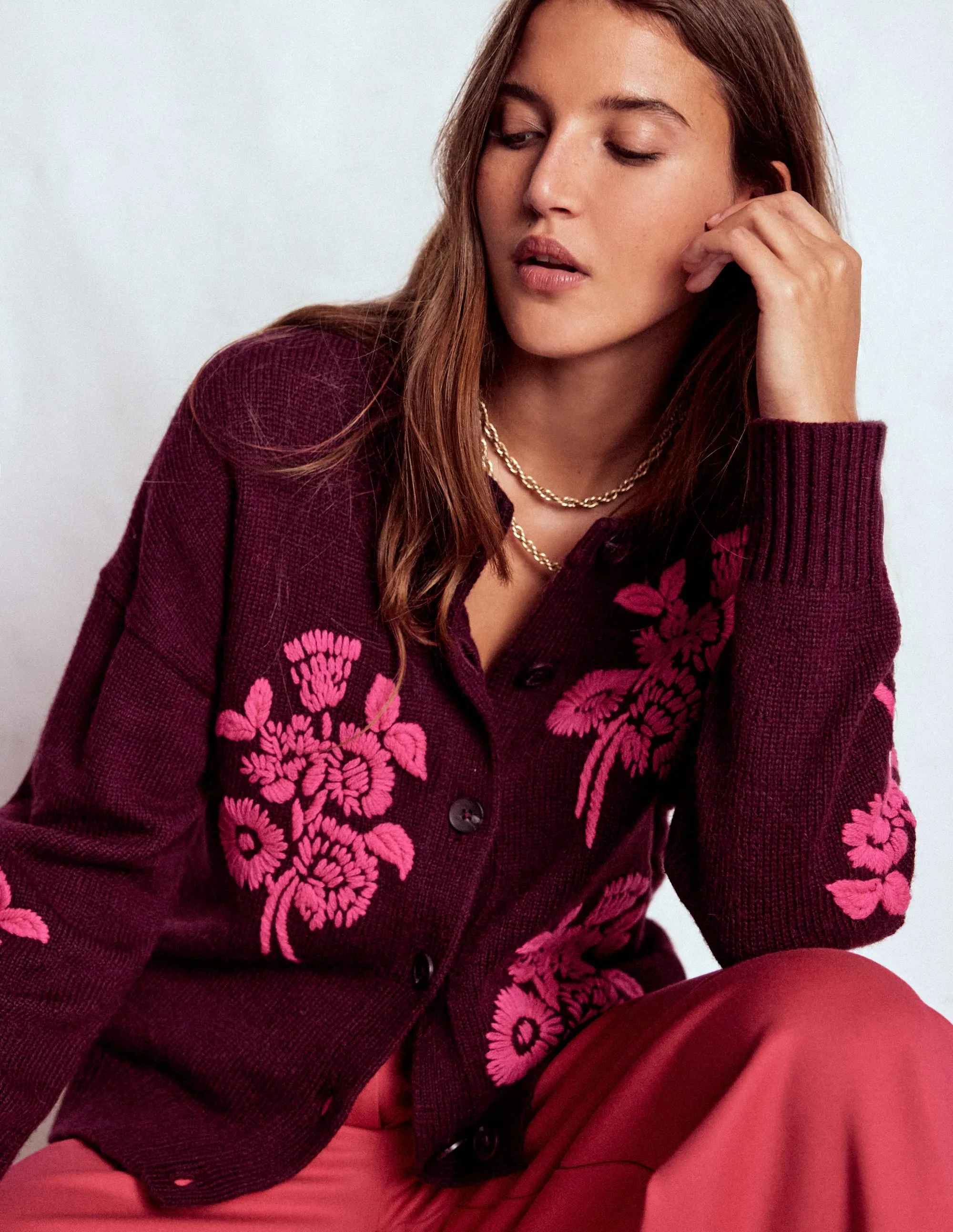 Natalie Embroidered Cardigan-Dark Cherry Bouquet Versatile Layer