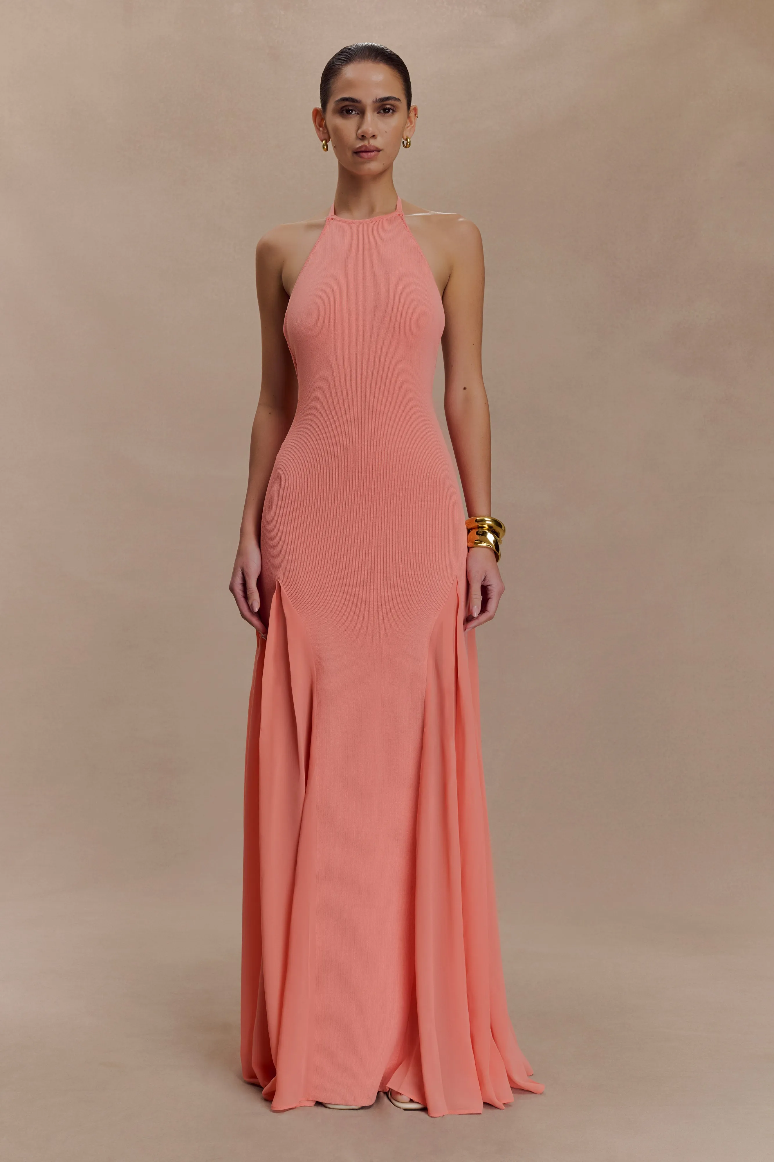 Work Vibes Soleil Knit And Mesh Halter Maxi Dress - Coral