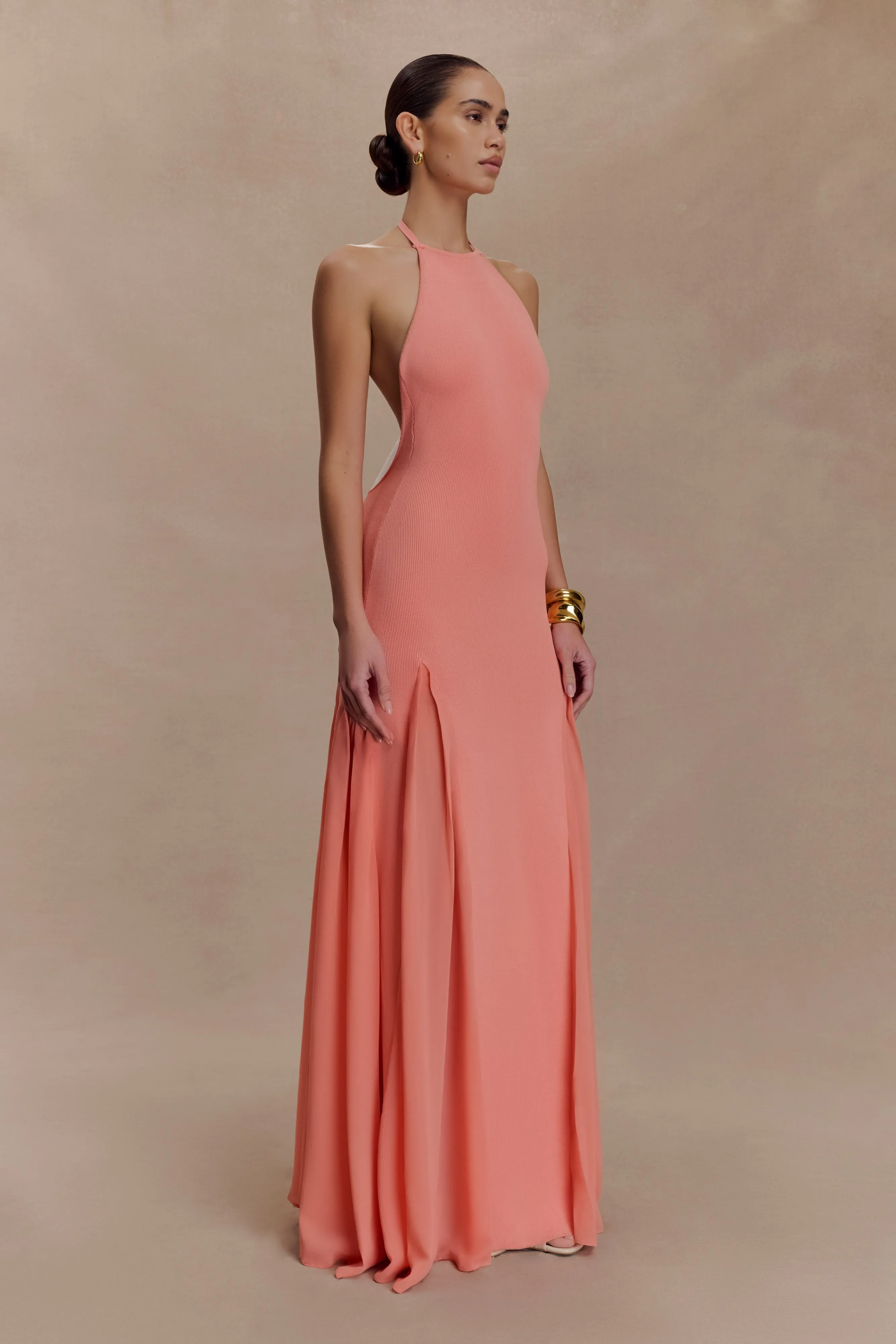 Soleil Knit And Mesh Halter Maxi Dress - Coral Flattering Comfort Wear