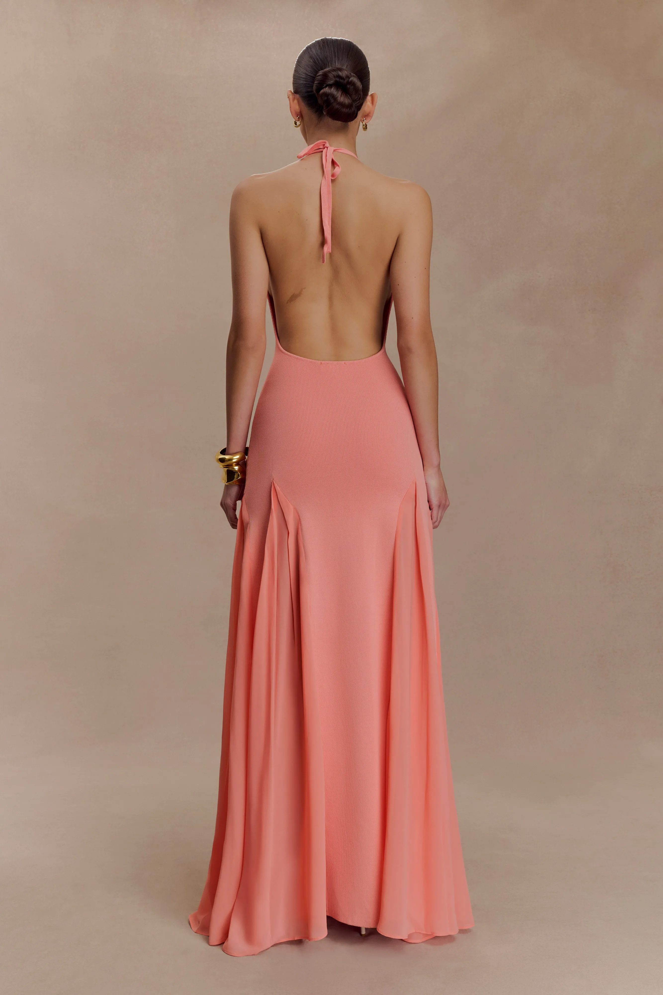 Soleil Knit And Mesh Halter Maxi Dress - Coral Boat-Neck