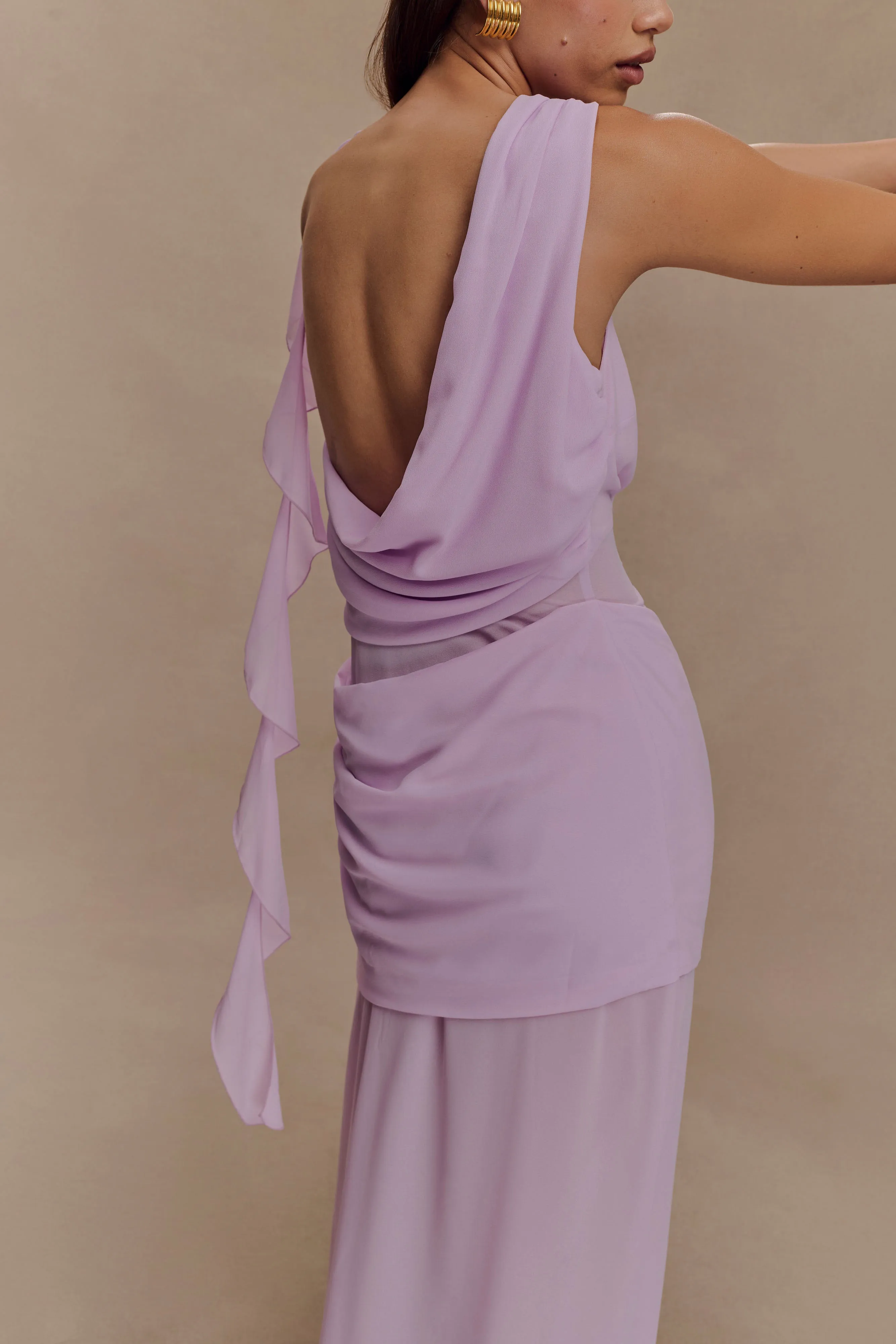 Daria Draped Chiffon Maxi Dress - Light Lilac Flattering Waist Playful Twist