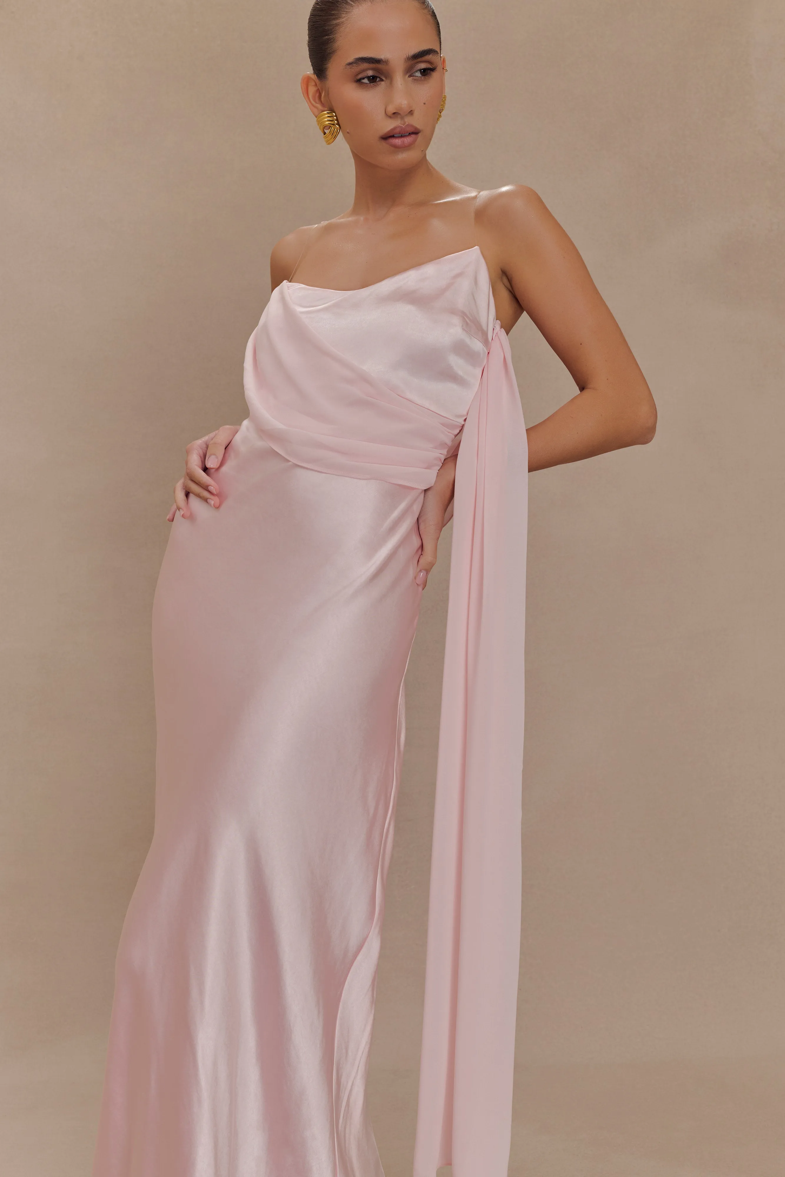 Subtle Drape Beaded-Edge Carah Satin And Chiffon Maxi Dress - Pale Pink