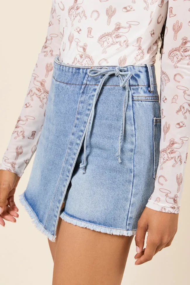 Stacy Light Wash Tie Denim Skort Slip Resistant Waistband Suede Feel