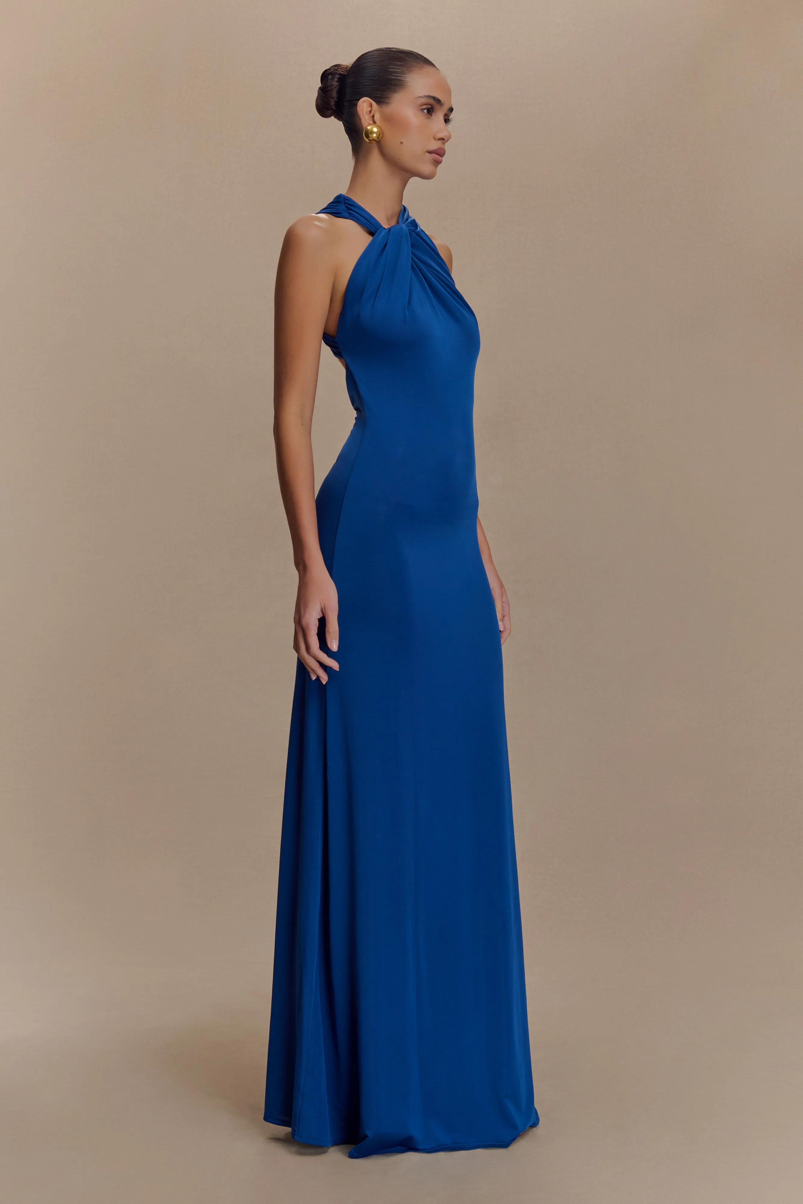Soft Waist Marlee Asymmetrical Slinky Maxi Dress - Cobalt