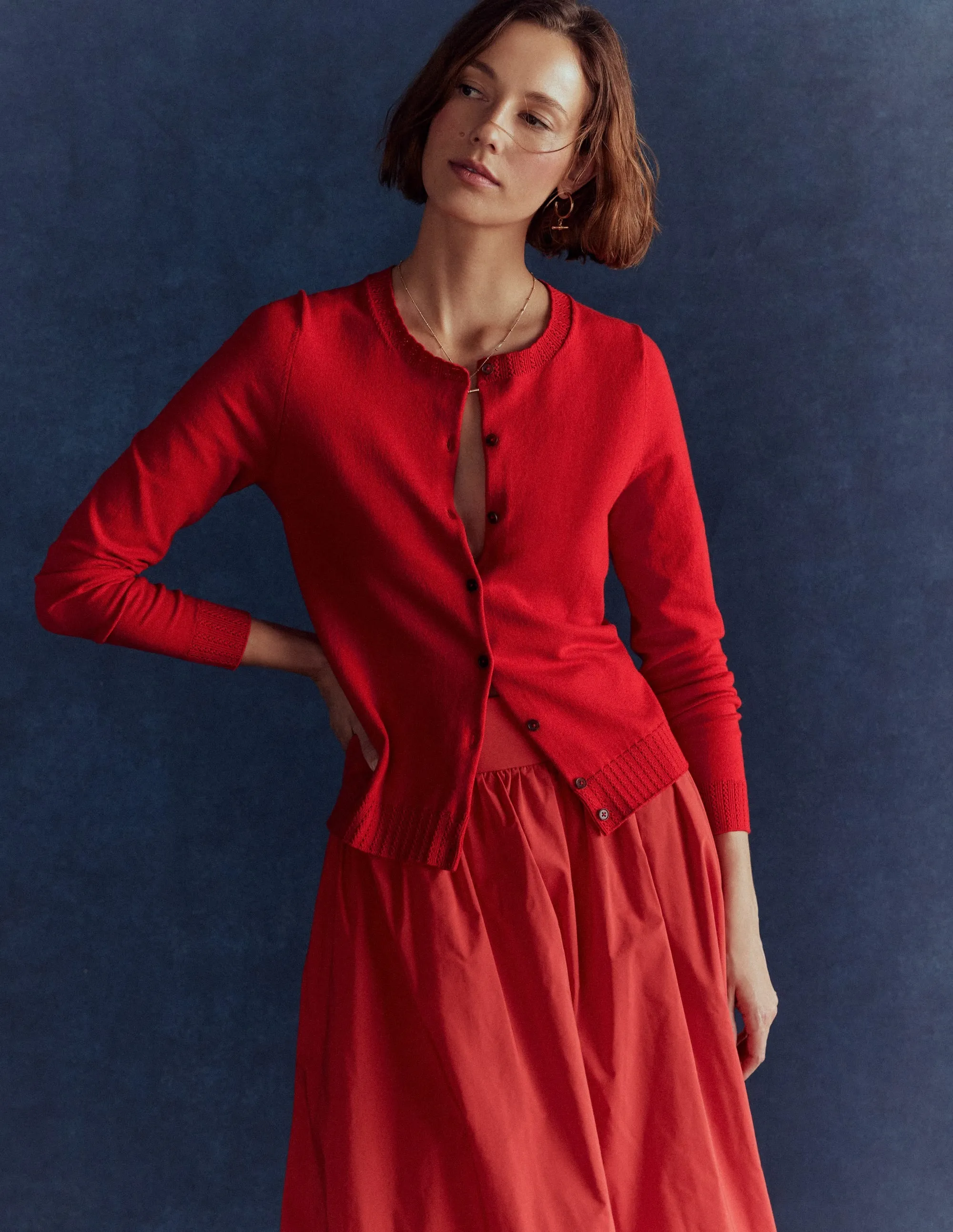 Neutral palette EcoFriendly Textile Emilia Cotton Crew Cardigan-Poppy Red