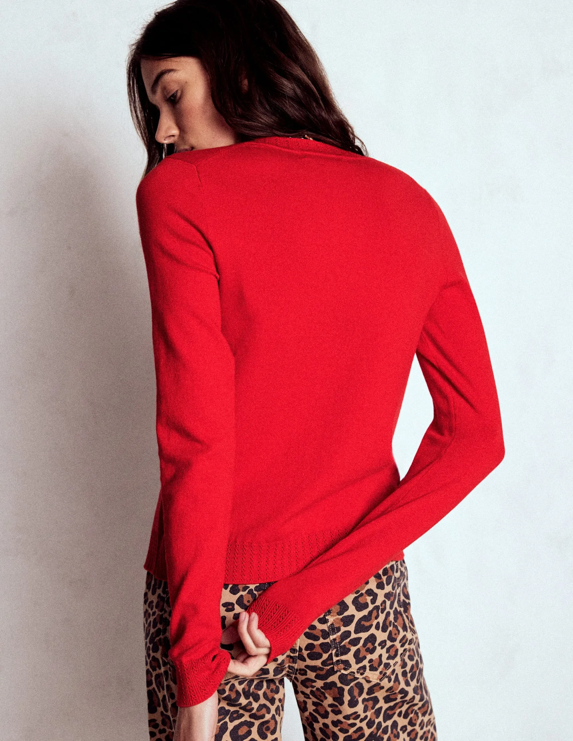 Emilia Cotton Crew Cardigan-Poppy Red Luminous Thread Accents Colorfast Dyed Knit
